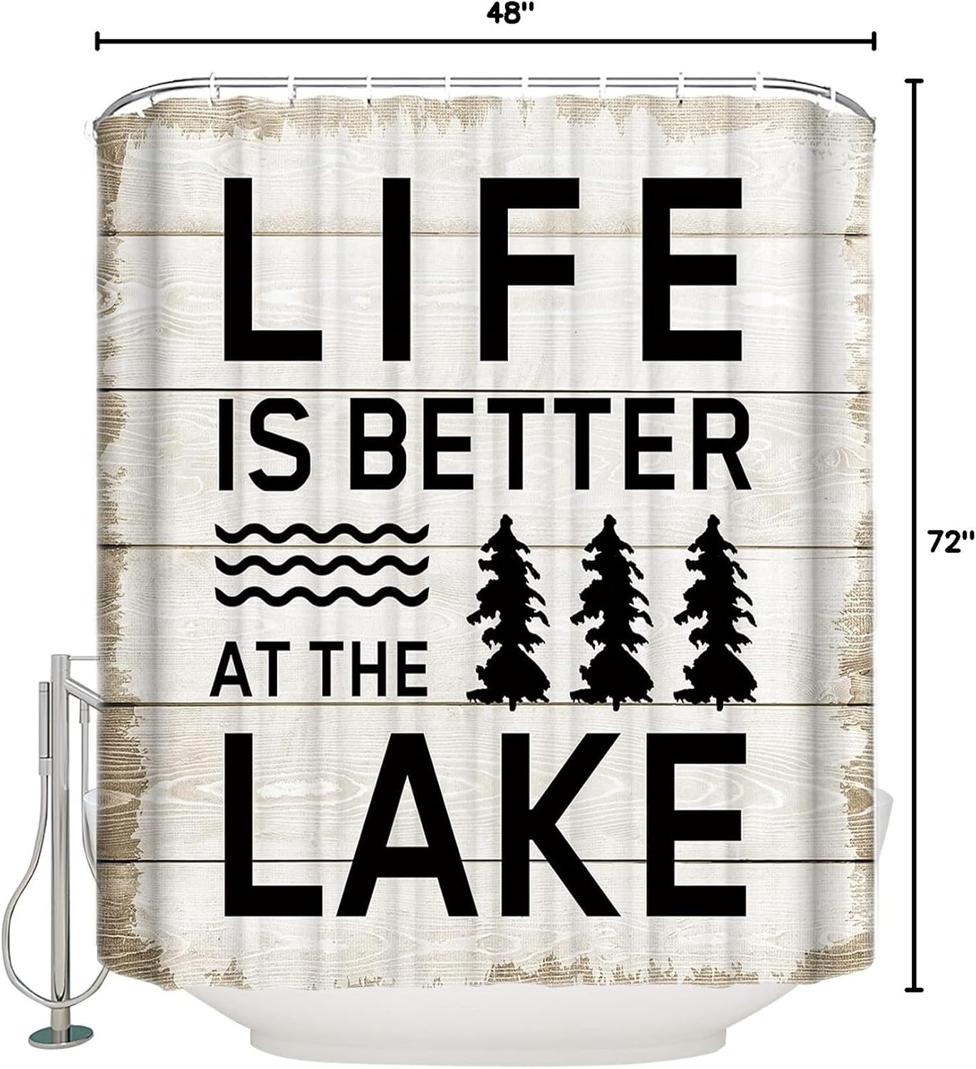 Life is Better at The Lake Shower Curtain Set - 48" x 72" Washable Bathtub Curtain with 12 Hooks, Rustic Black Artistic Aesthetics Waterproof Fabric Stall Shower Curtains for Bathroom/Bathtub Décor