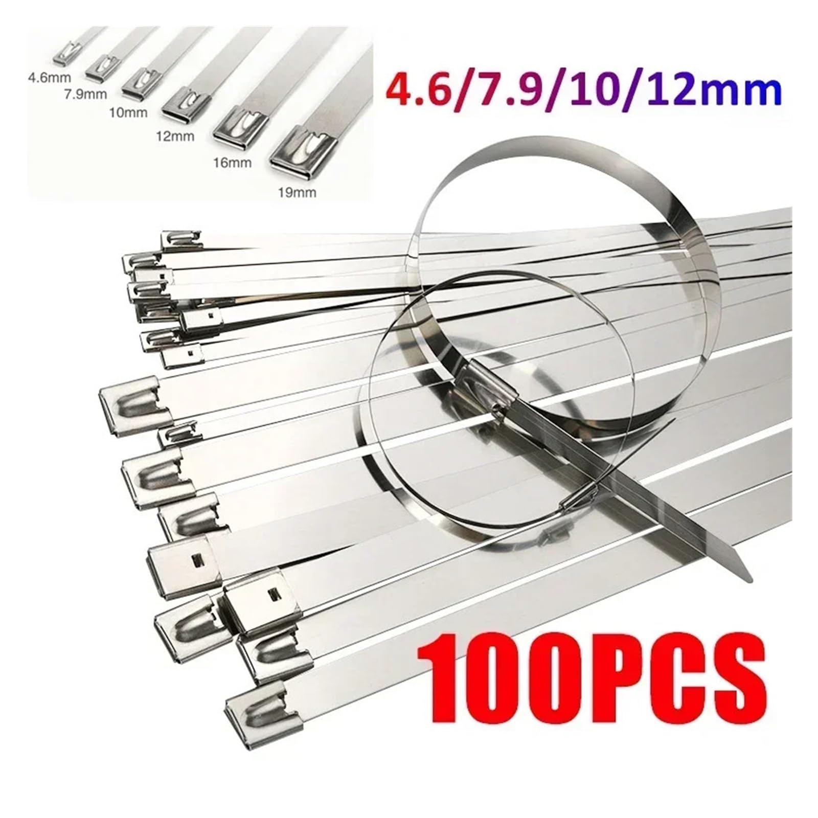 Opaski kablowe ze stali nierdzewnej, 100 szt. Opaski kablowe ze stali nierdzewnej 304, szerokość 4,6/7,9/10/12 mm, powlekane, metalowe, samoblokujące, zamek błyskawiczny, wydech (200 mm (7,87 cala), 4