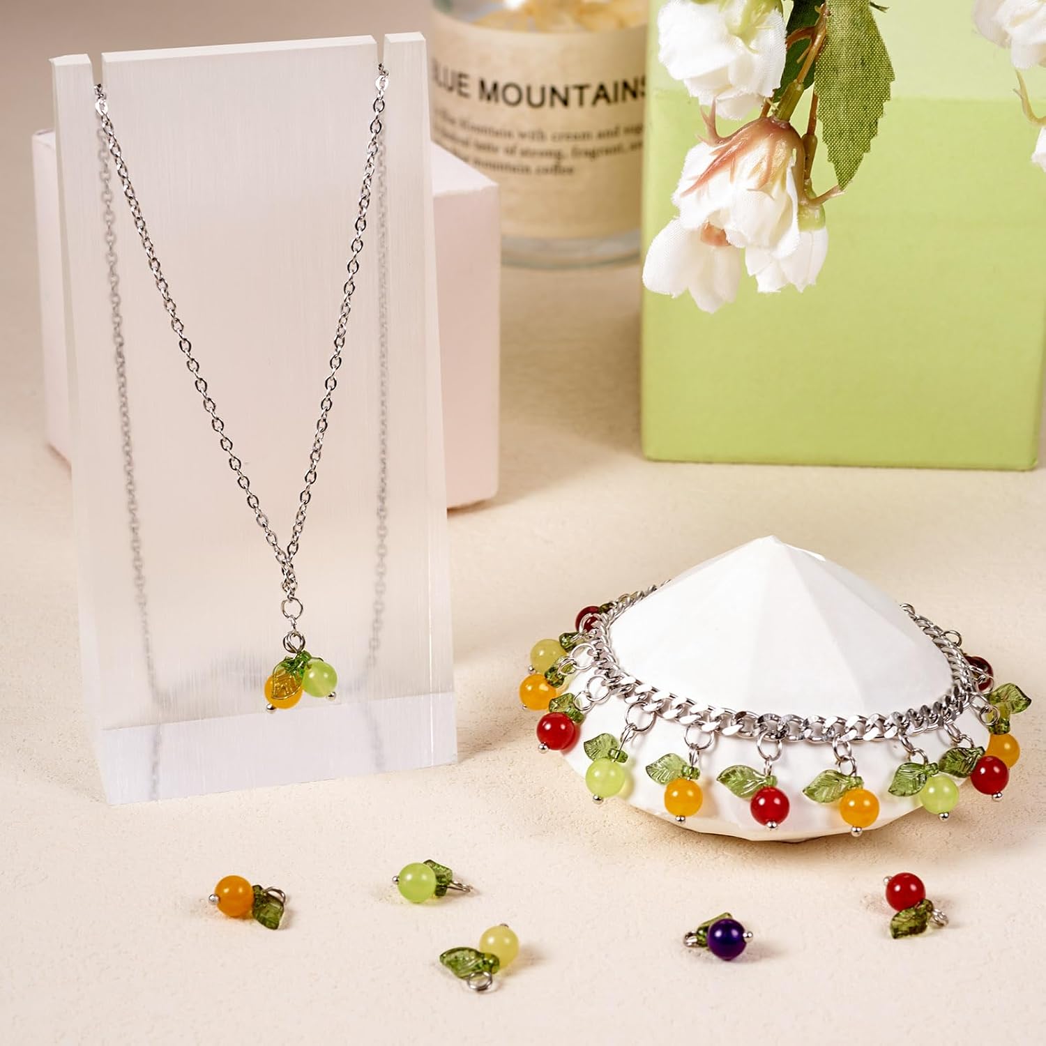 Cheriswelry 50pcs Natural Gemstone Fruit Charms Stone Beads Leaf Dangle Pendants Cute Hang Ornament Earring Bracelet Charms 13x12mm for DIY Craft Necklace Jewelry Making - Image 2