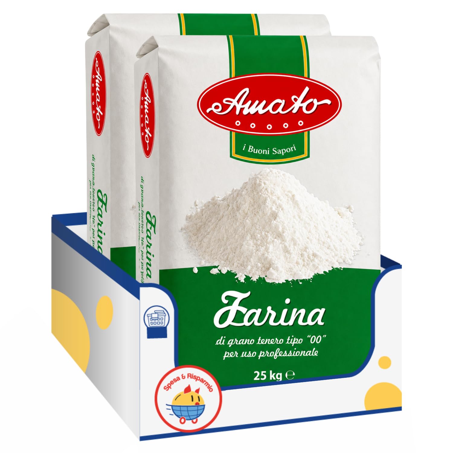 Amato Farina Tipo 00 di Grano Tenero 25 kg, Farina per Pizza, Pane, Dolci, Pasta Fresca e Lievitati, Ideale per Impasti Soffici, Confezione Multipla da 1/2 Pezzi (2 PEZZI)