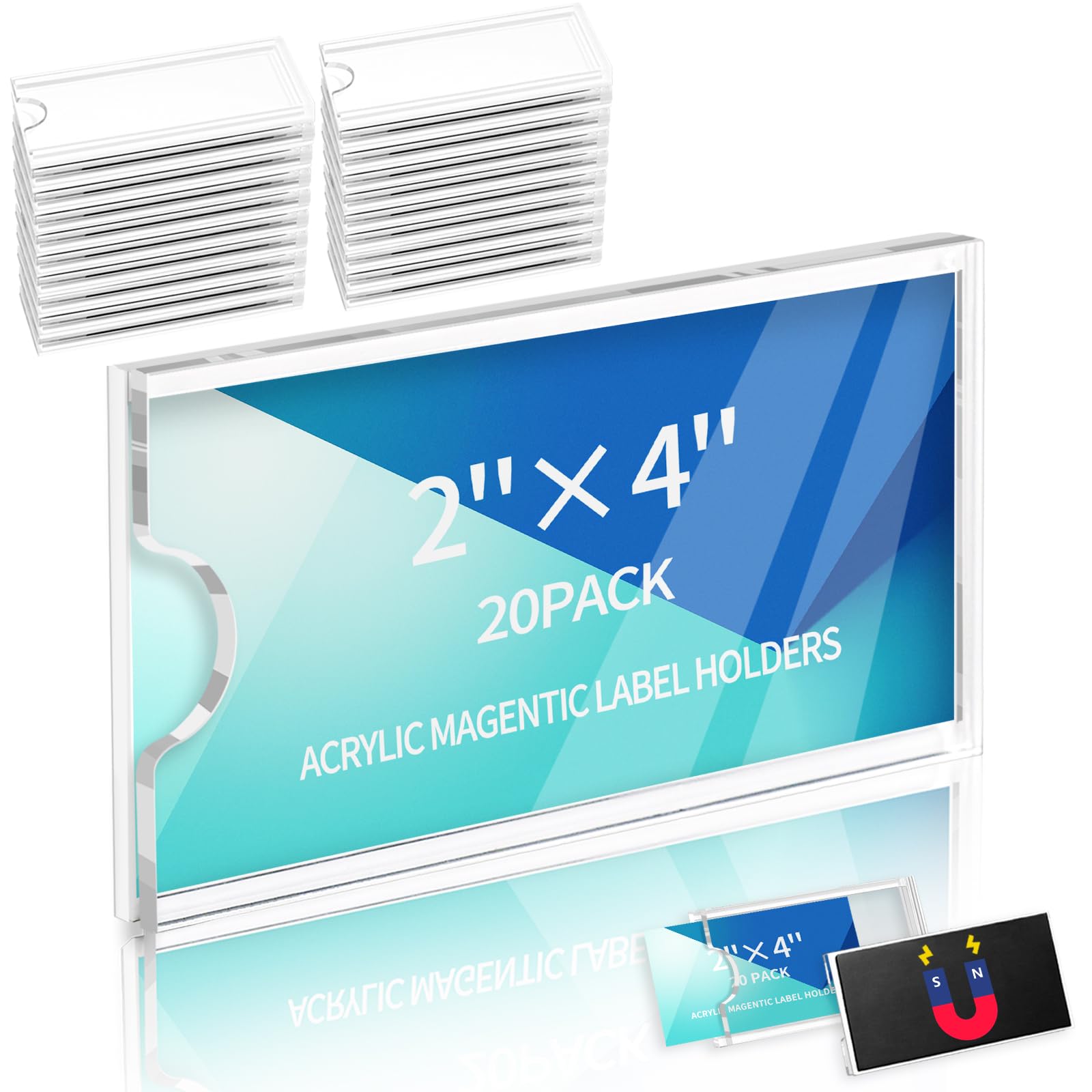 20 soportes magnéticos de acrílico transparente para etiquetas de precio para almacén, supermercado, biblioteca, estanterías, marcado, compatible con estantes de metal de 4 pulgadas (2 x 4 pulgadas)