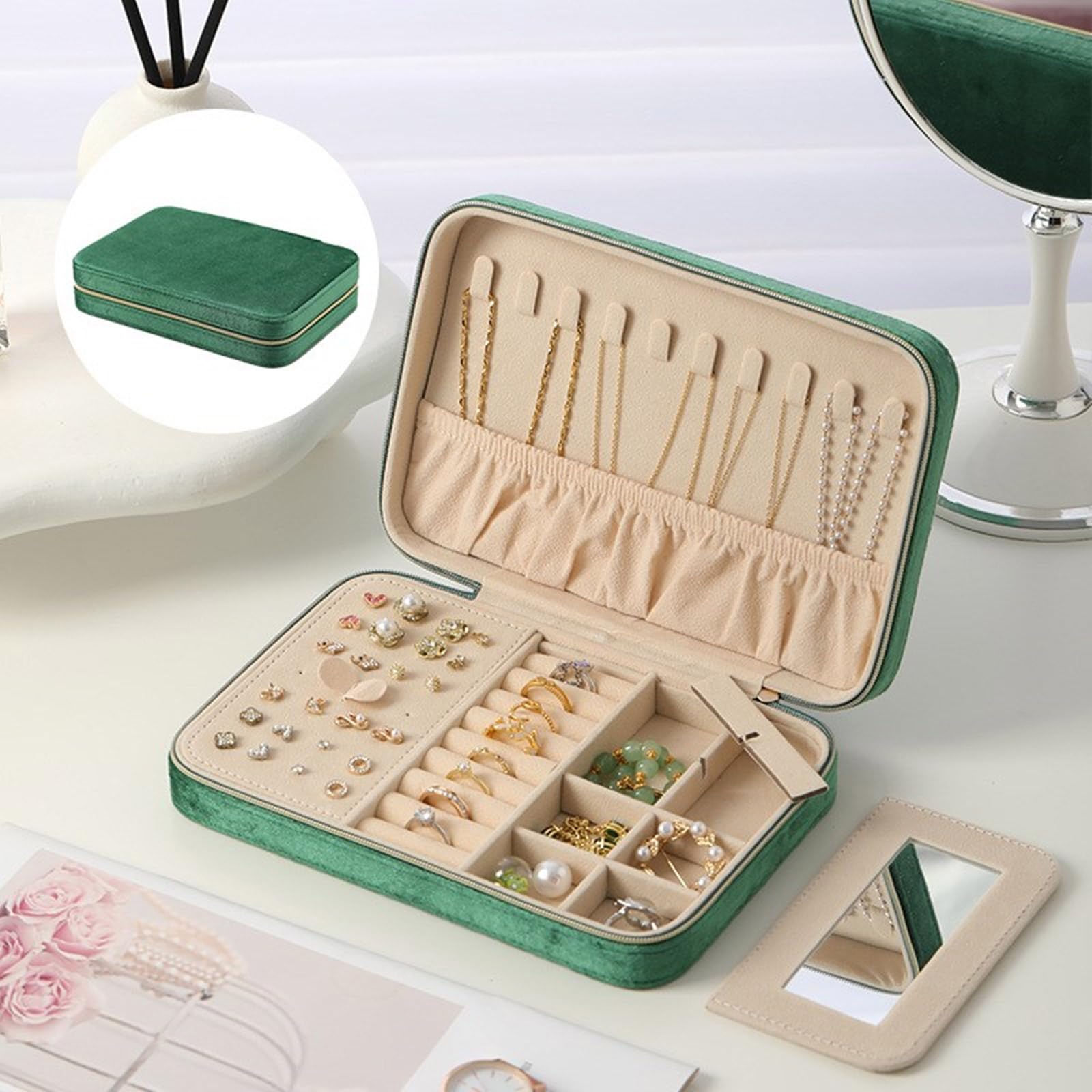 Joyero versátil con separadores protectores, estuche compacto para organizar y proteger varios artículos