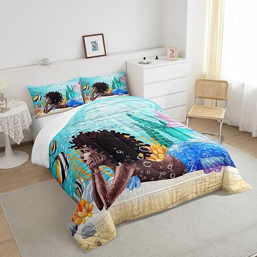 Miniatura 2 de Juego de edredón de sirena negra para niños, tamaño Queen, ropa de cama de princesa sirena azul africana, regalo para niños y adultos, regalo de