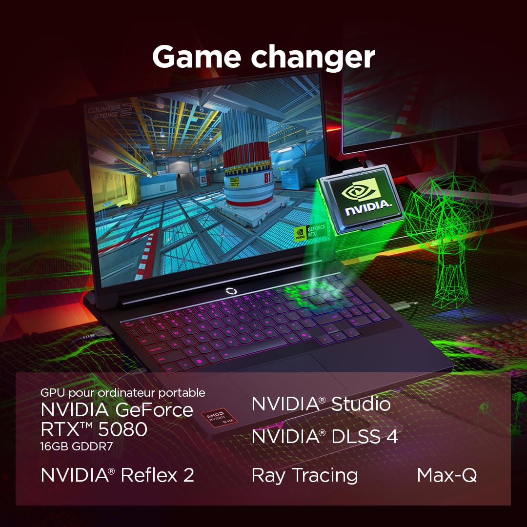 Lenovo Legion Pro 7 16AFR10H - Ordinateur Portable Gaming 16'' OLED (AMD Ryzen 9 9955HX3D, RAM 64Go, SSD 2To, NVIDIA RTX 5080 16GB) Clavier RGB rétroéclairé AZERTY Français - Noir Eclipse