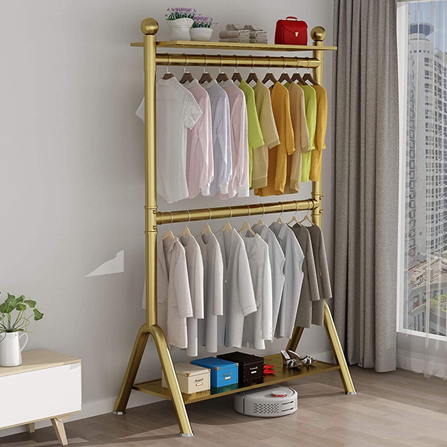 YNBSHGAA 2-Layer Household Clothes Rack, Wrought Iron Clothing Store Display Rack, Multi-Functional Garment Rack