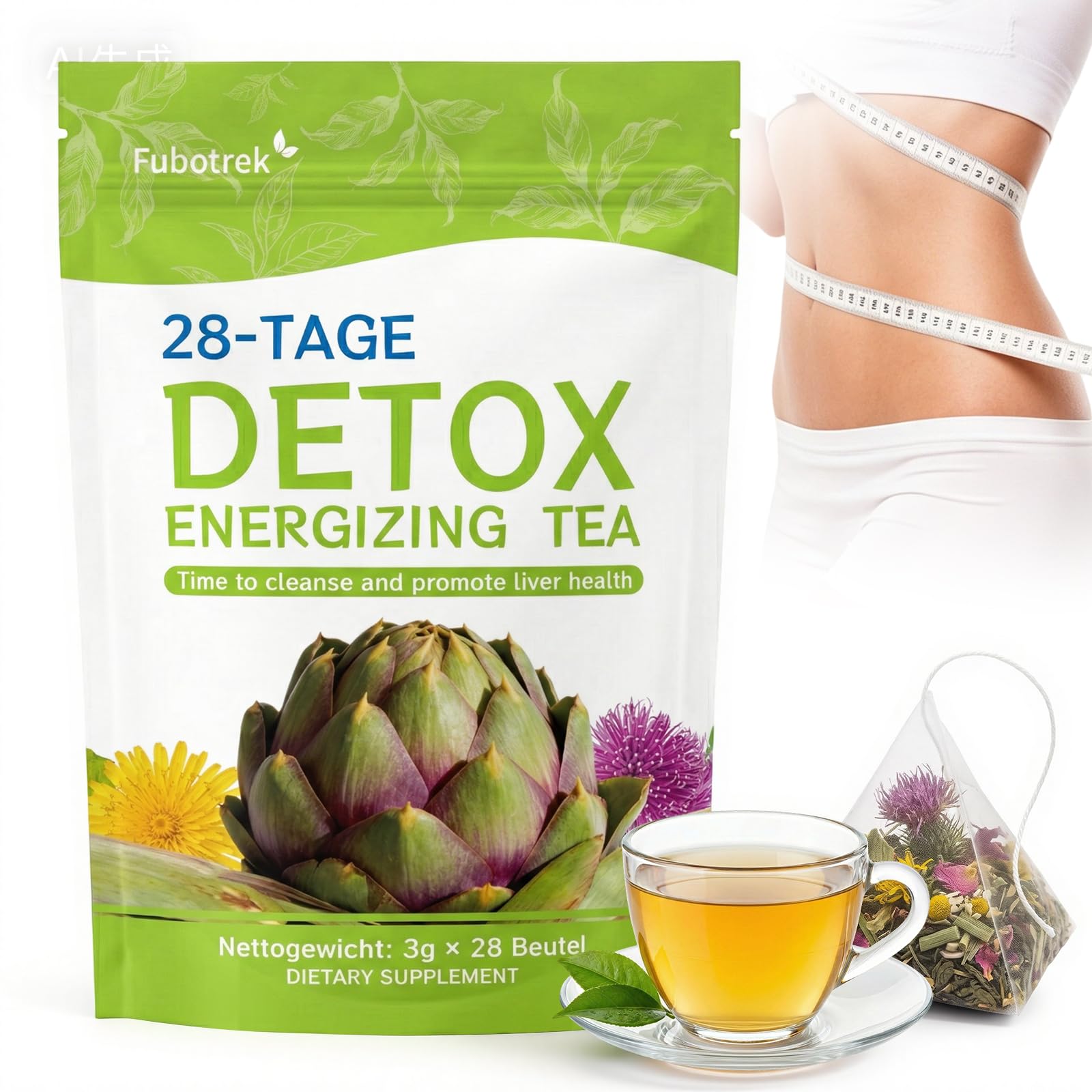 Detox Tee zum Abnehmen & Bauchfett Verbrennen – 28-Tage-Stoffwechsel-Kur mit Mariendistel, Artischocke, Löwenzahn, Grüntee– Natürlicher Fettverbrenner, vegan & allergenfrei