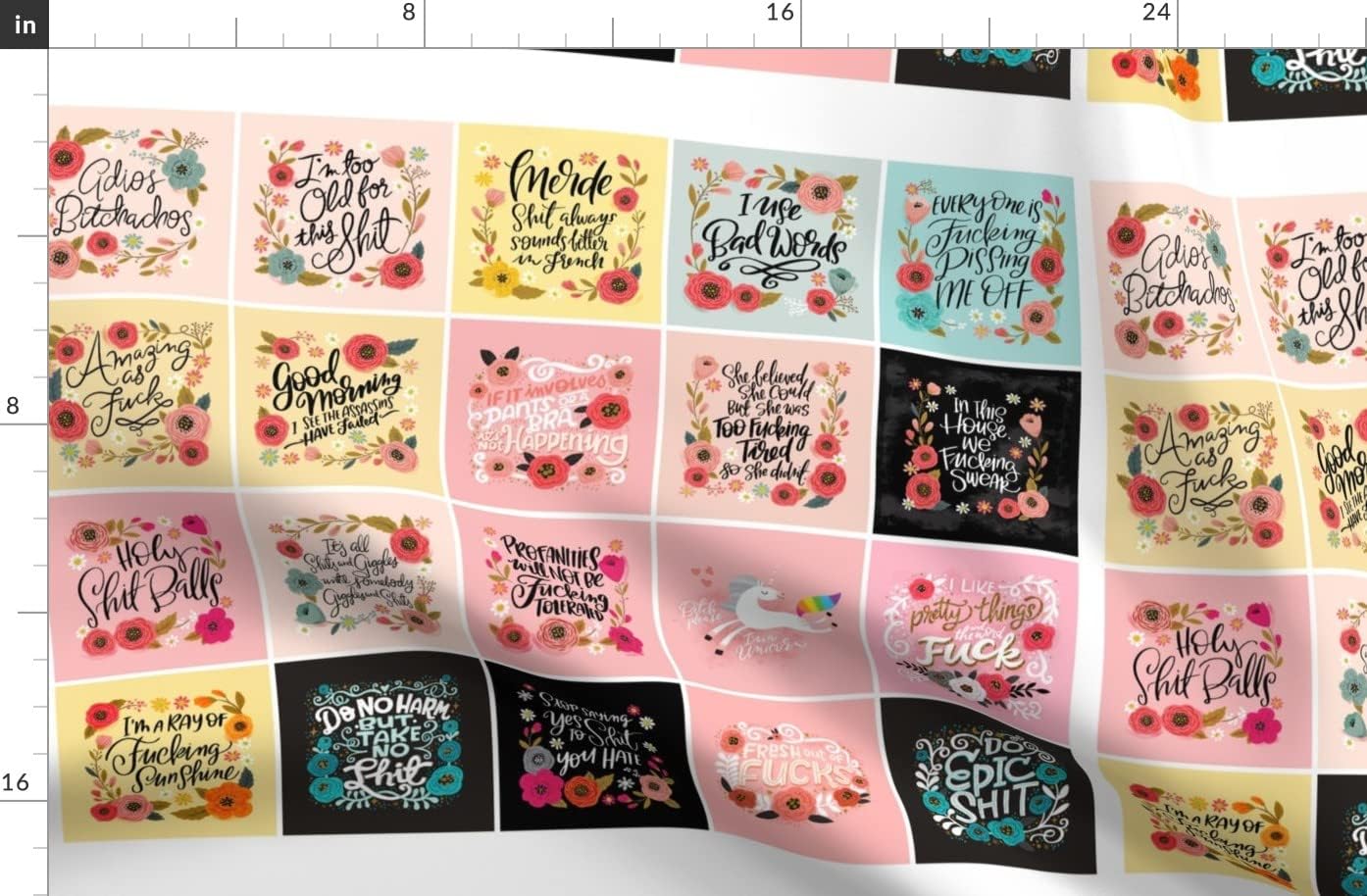 Spoonflower Fabric - Pink Flowers Floral Funny Girly Patchwork Profanity Swear Curse Words Printed on Organic Cotton Sateen Fabric by The Yard - Sewing Quilting Apparel Home Decor
