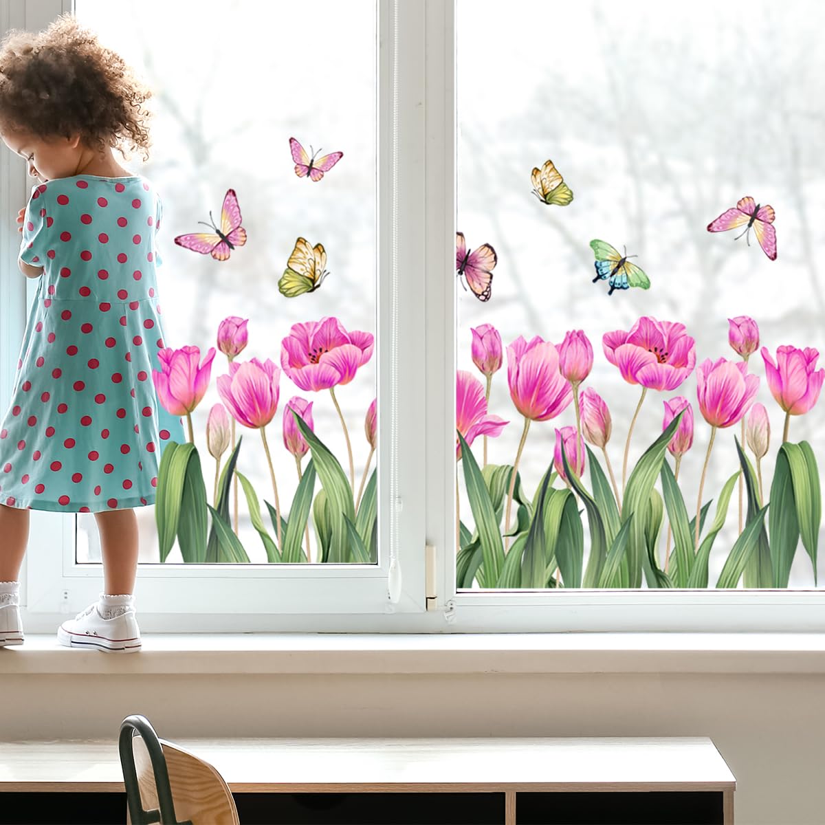 WandSticker4U®- Pegatinas ventanas primavera flores TULIPANES rosa (58x45 cm) I Vinilo ventanas flores mariposas I Decoración ventana salón dormitorio infantil cocina baño verano (no adhesivo)