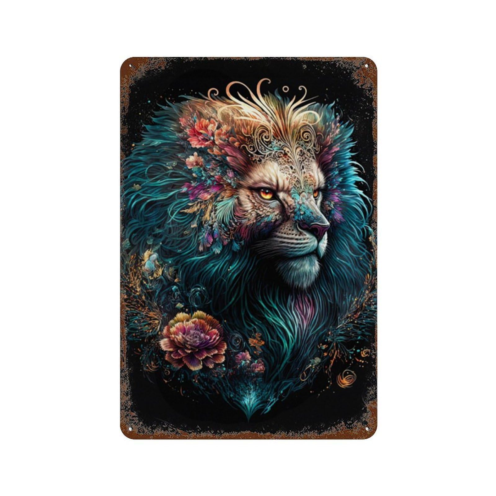 Distressed Metal Wall Sign Fantasy Lion Art Print-7 11.8"x7.9", Old School Wall Decor for Bistro, Counter And Cafe Decor