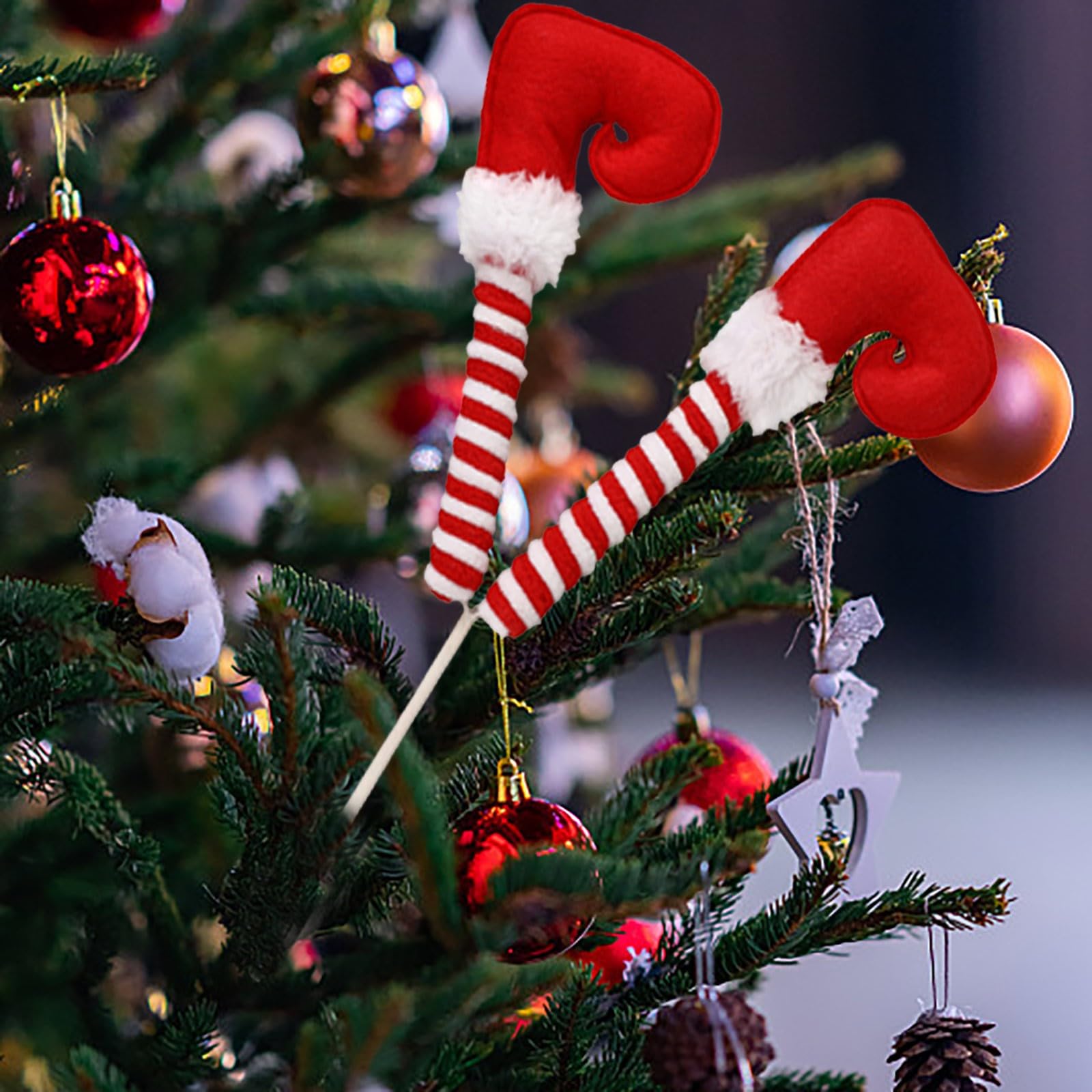 Corlidea A Christmas Elf Legs Picks, Christmas Decorations Tree Picks, Red White Peppermint Lollipop Christmas Picks For Tree, Elf Feet Tree Ornaments For Christmas Tree Xmas Tree Topper Home Decorations