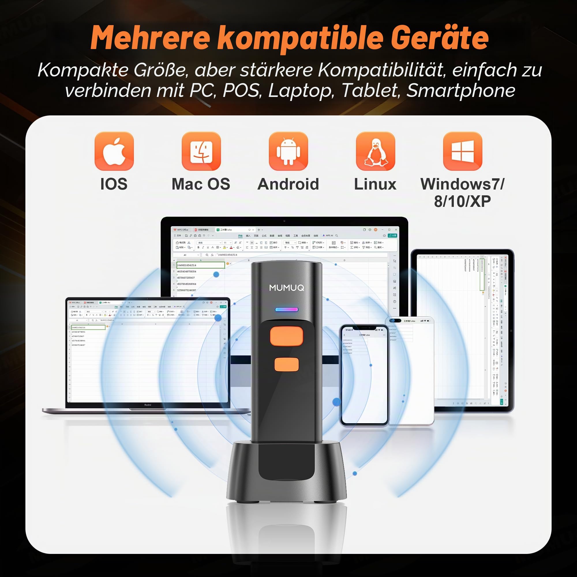 Wireless Barcode Scanner – Mini 1D/2D QR Code Scanner, 3-in-1 (Bluetooth, 2.4G & USB) – Kompatibel mit Windows, Android, iOS, Tablet, PC – Inklusive Ladedock – Tragbar & Hochleistung
