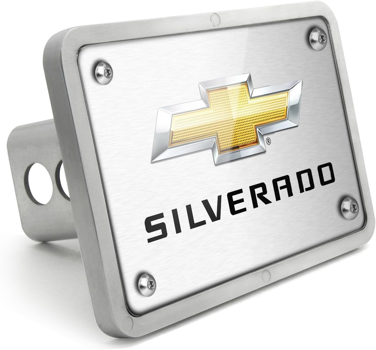 iPick Image for Chevrolet Silverado UV Graphic Silver Plate Billet Aluminum 2 x 2 inch Plug Tow Hitch Cover - Official Licensed