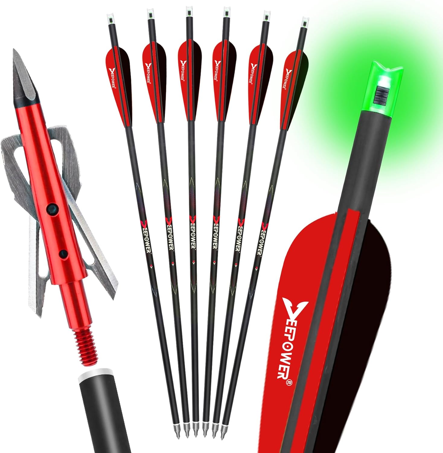 DEEPOWER 6 Pack Crossbow Bolts 20 inch GPI 9.9 with Broadheads 100 Grain and 7.62mm Lighted Nocks Crossbow Arrows for Hunting and Practice Red