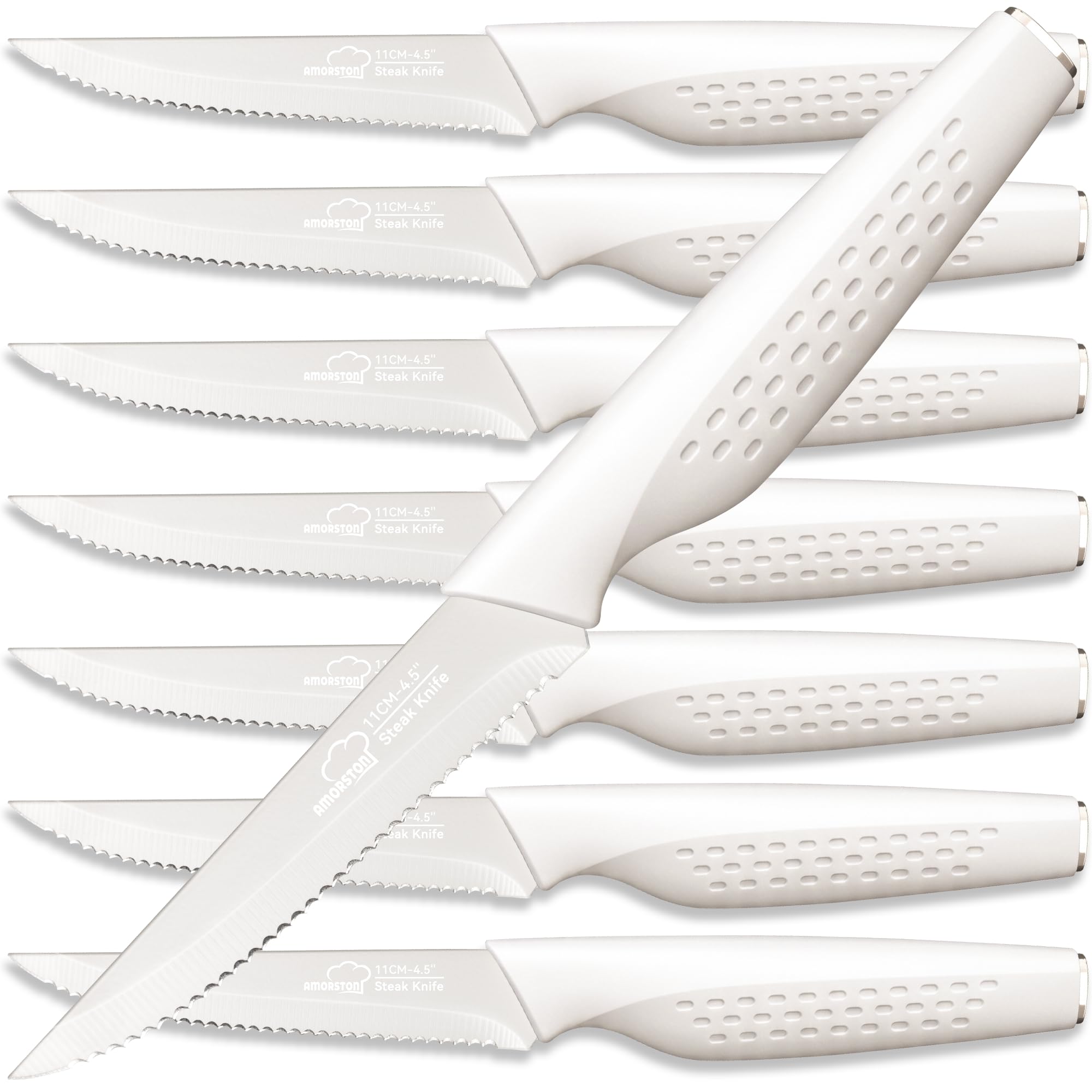 Amorston Steak Knives Set of 8 Stainless Steel Serrated Knives Cream White