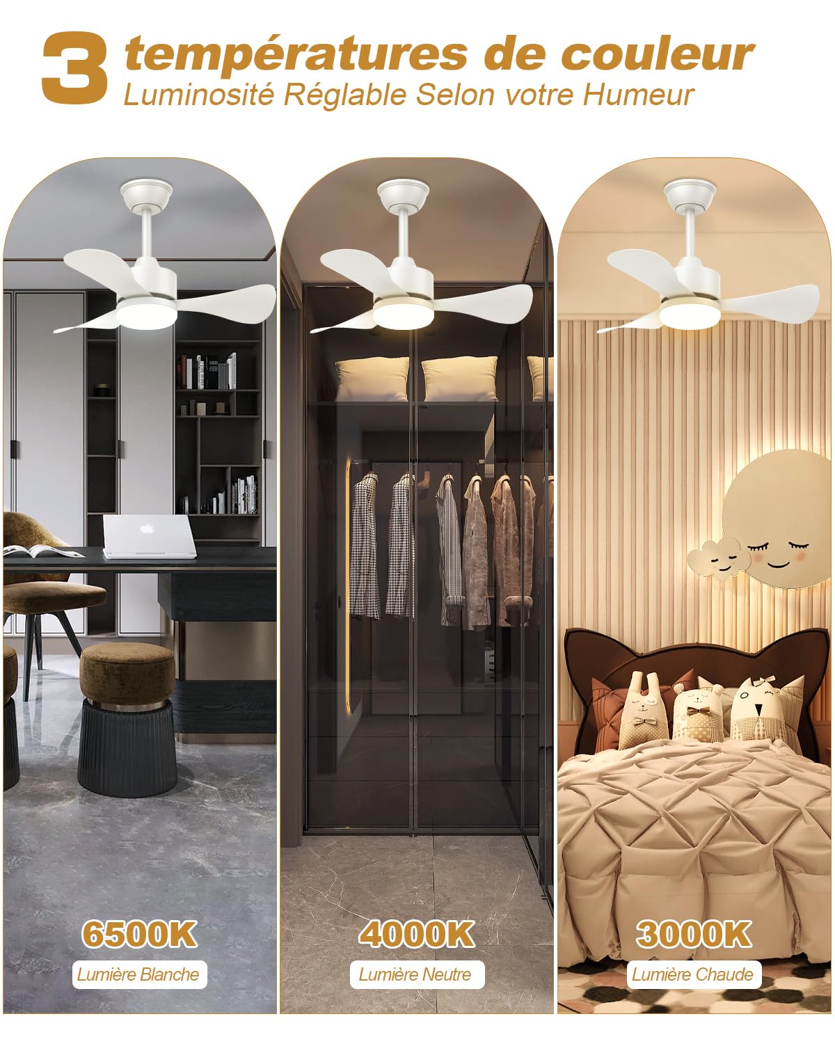 Airwit Ventilateur Plafond 71cm avec Lumière Télécommande Silencieux 3 Pales LED Moteur DC Réversible 6 Vitesses
