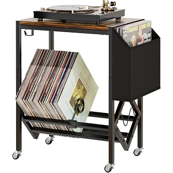 EKNITEY Turntable Stand up to 80 LPs Side Table Easy to Assemble Replaceable Wheels & Foot Pads Vinyl Bag Compact LP Stand with Hooks Steel Wood Hifi Rack Retro Style