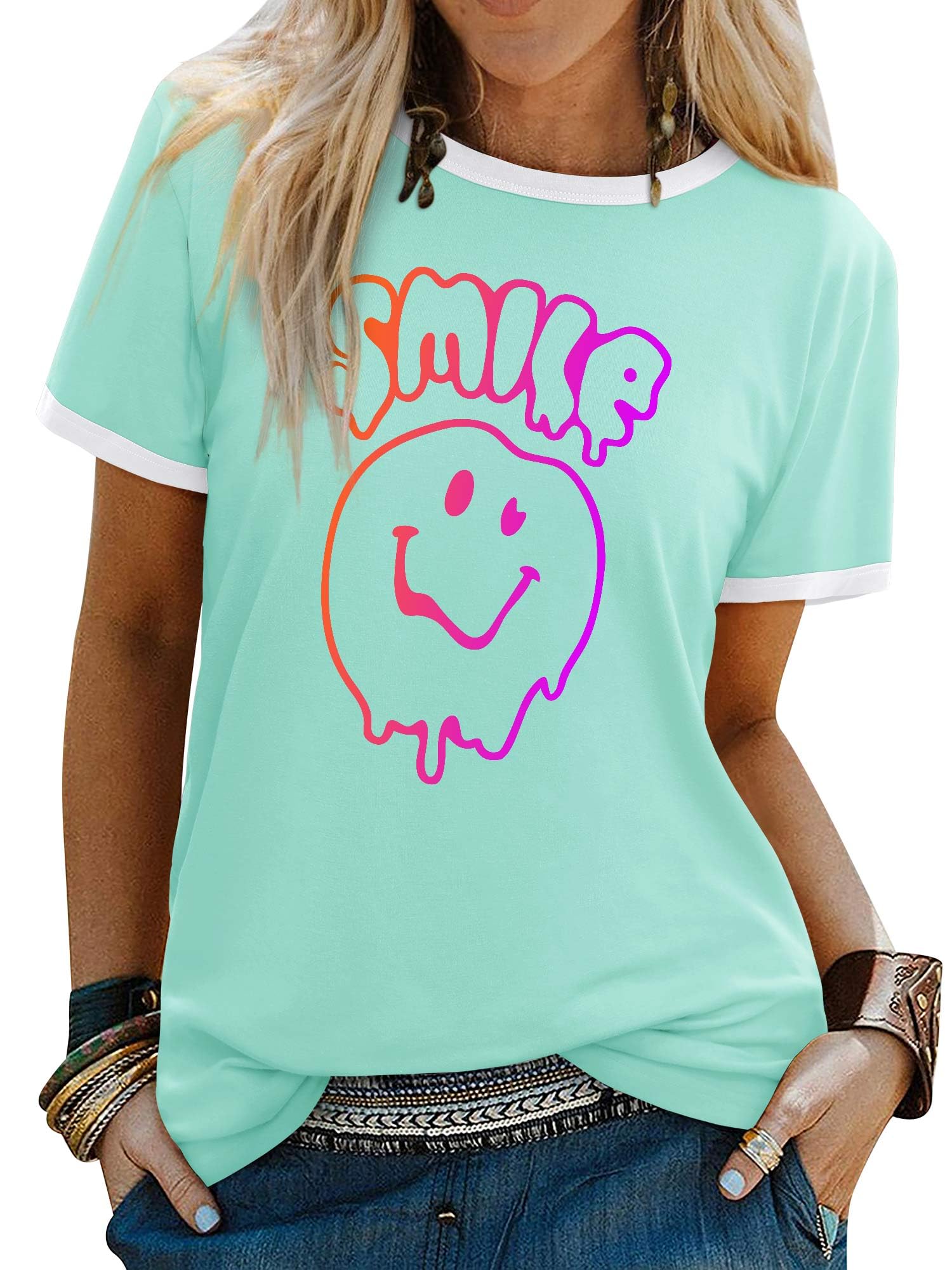 Maglietta casual da donna con slogan, girocollo, maniche