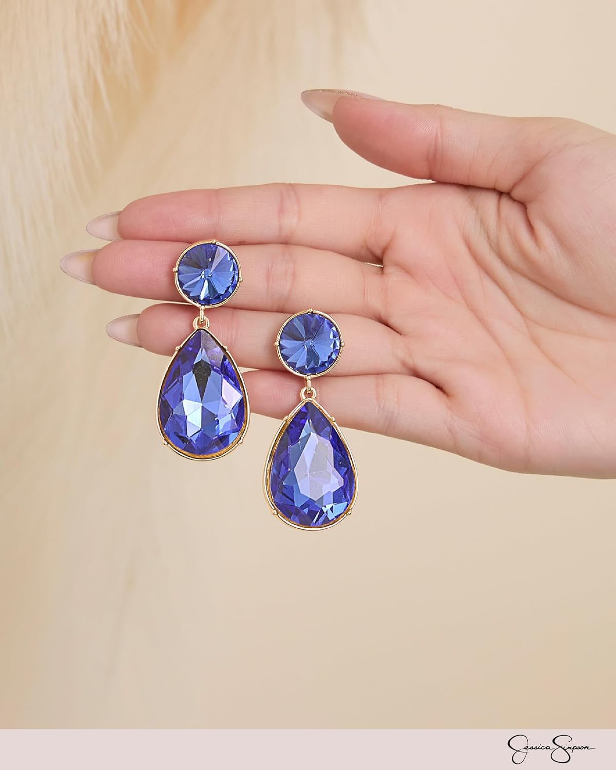 Jessica Simpson Blue Crystal Teardrop Earrings for Women, Gold-Tone Valentines Earrings with 2 Blue Crystals - Image 3