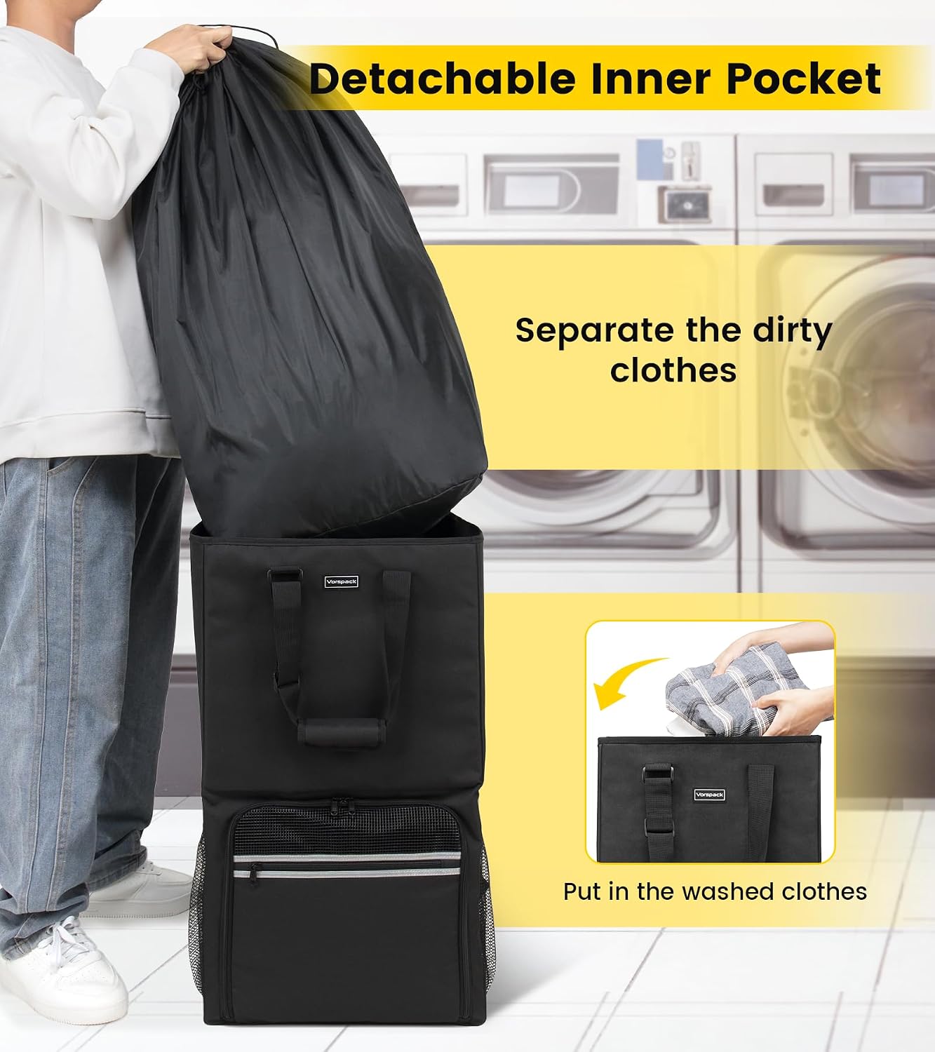 Vorspack Laundry Bag Backpack - 125L Extra Large Laundry Bags with Shoulder Straps Heavy-duty 2 in 1 Laundry Hamper Basket for College Dorm Camp Laundromat Room Essentials - Black