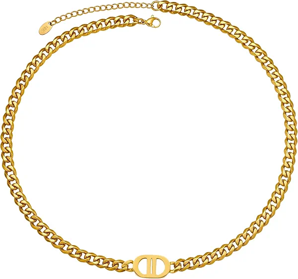 TRIPOD JEWELRY Womens 18K Real Gold Plated Initial Necklace Choker with Double D Letter, 6mm 316L Stainless Steel Diamond-Cut Curb Cuban Link Chain(Custom Box and Pouch Packing for Gift)
