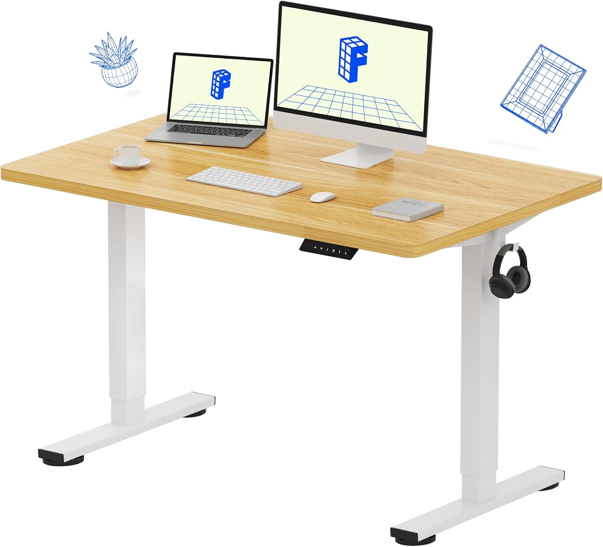 EN1 Escritorio de pie de una sola pieza de 48 "x 30", arce | Escritorio sin costuras de 1" de grosor, capacidad de 176 libras, uso en oficina en casa, 4 ajustes preestablecidos de memoria, configuración de monitor dual, protección anticolisión