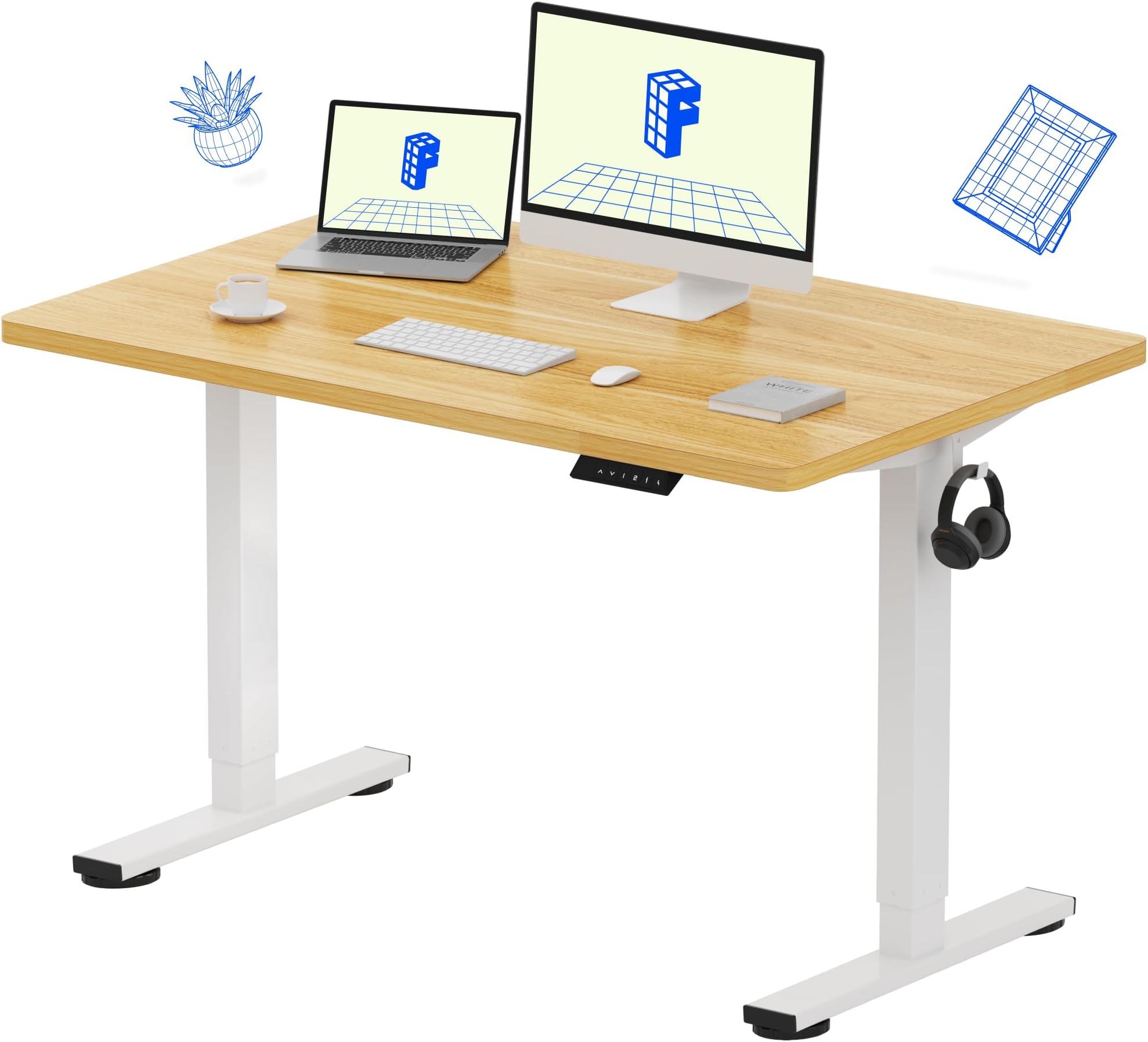 FLEXISPOT EN1 One-Piece Standing Desk with 1-Inch Thick Seamless Desktop, 48"x30" Electric Height Adjustable Desk for Home Office, Multi-Monitor Setups & Easy Assembly, Maple