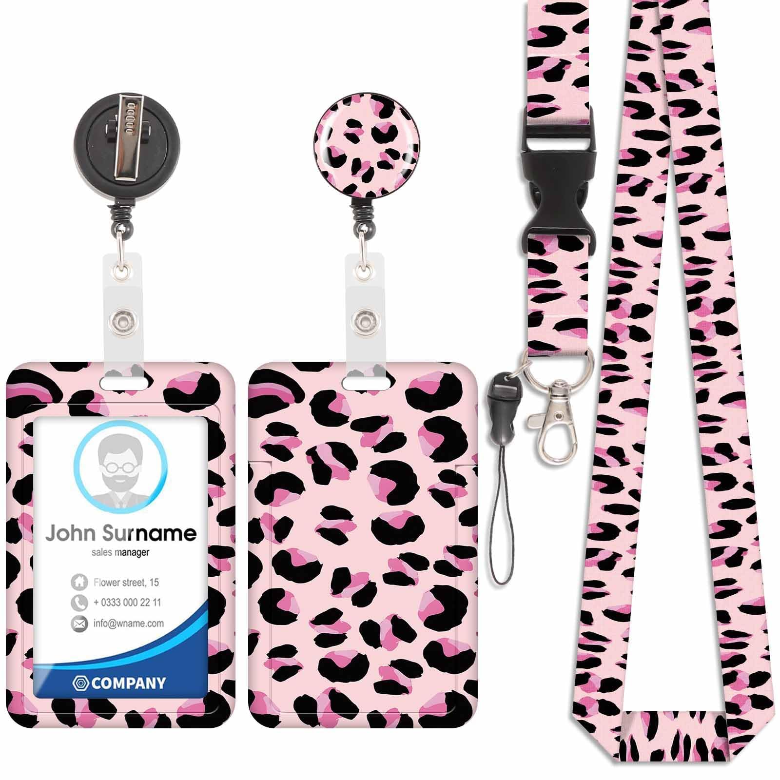 Badge Holder with Lanyard, ID Badge Holders with Detachable Cute Lanyard, Retractable Badge Reel Carabiner Clip, Personalized Vertical Card Cover Case Protector for Nurse Teacher Student (Leopard-4)