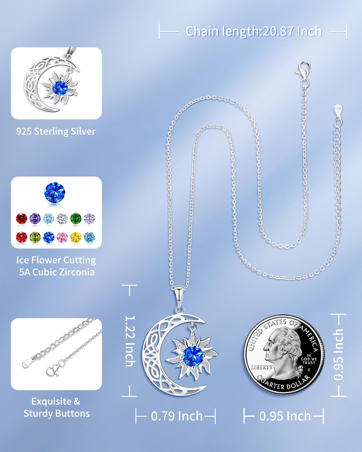 BDL Sun and Moon Couple Necklace - Birthstone Necklaces Symbol of Harmony in 925 Sterling Silver,Unique Gift for Her or Him - Eternal Love Connection: Sept. Sun Moon
