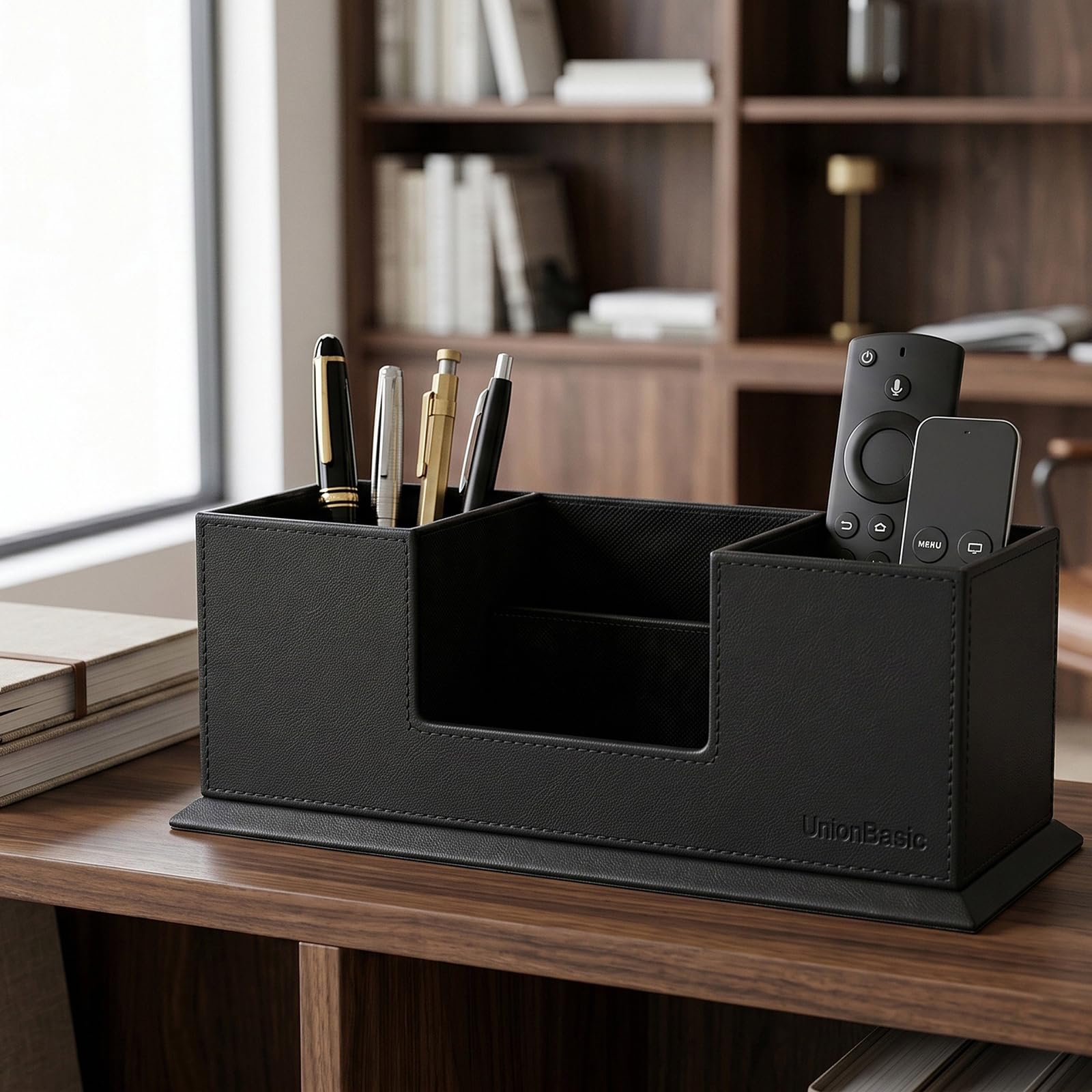 UnionBasic PU-Leder-Schreibtisch-Organizer, 4 Fächer für Stift/Bleistift/Handy, Schreibwaren-Halterung, Sammler, Organisieren von Schreibtischzubehör schwarz