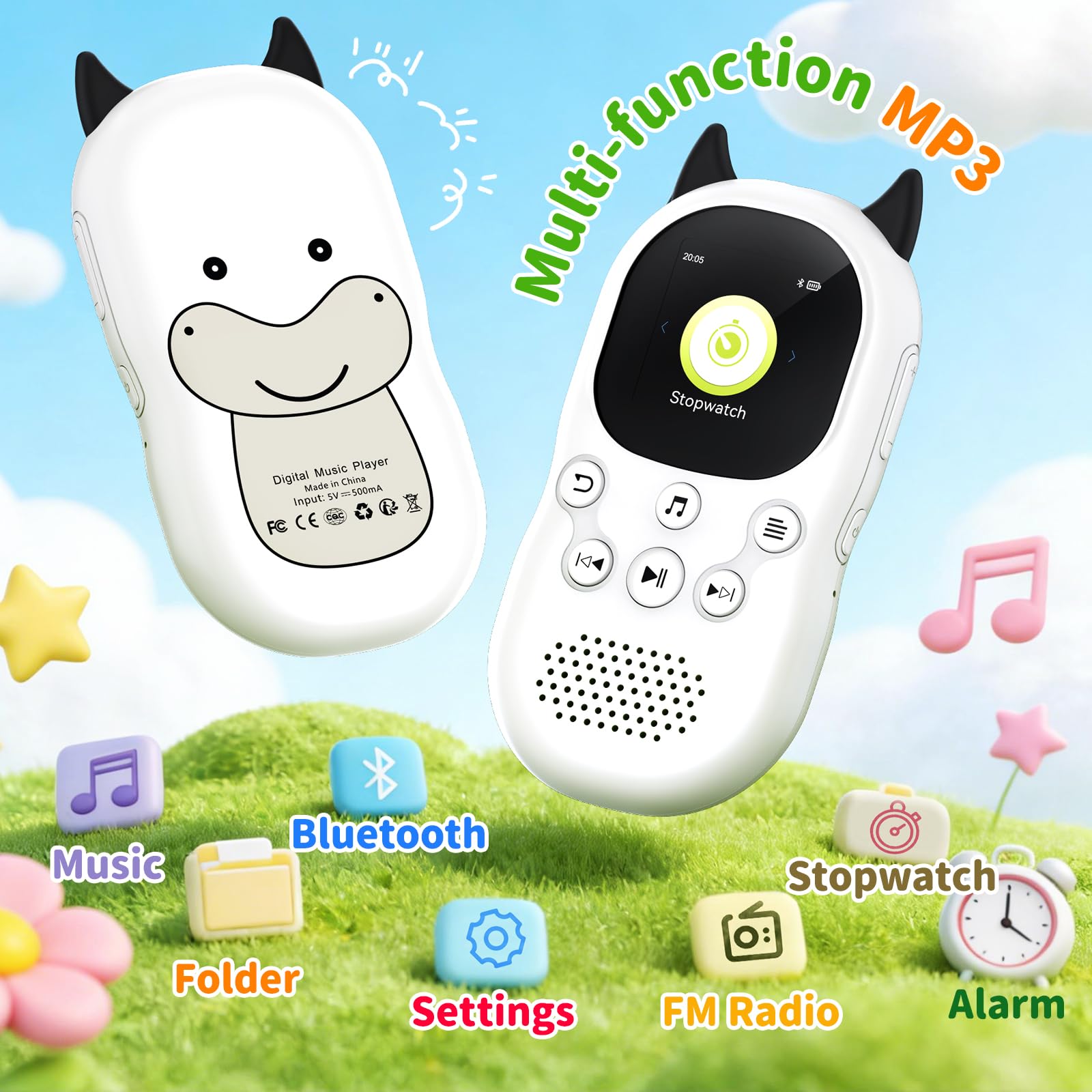 64Go Lecteur MP3 Bluetooth 5.3 pour Enfants,Lecteurs MP3 avec Haut-parleurs, Radio FM, réveil, Batterie 750 mAh, Cordon Gratuit,Jouez de la Musique en Un Seul clic，Carte TF Extensible de 128 Go