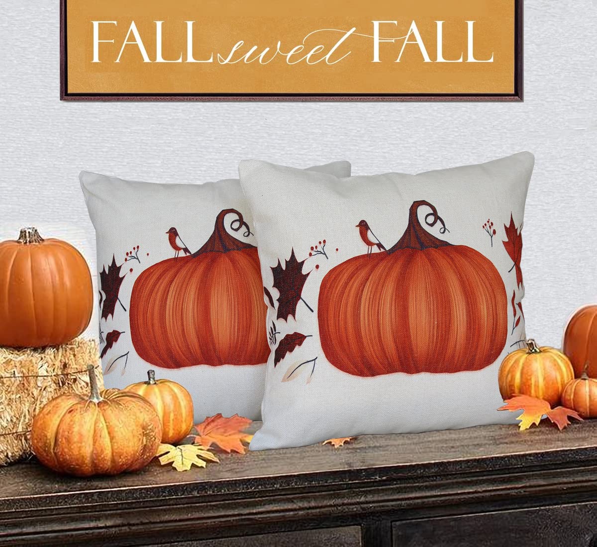 Funda De Almohada Decorativa Otoño 18x18 Pulgadas - Pack De 2, Lino Y Algodón, Estampado Calabaza Y Hojas