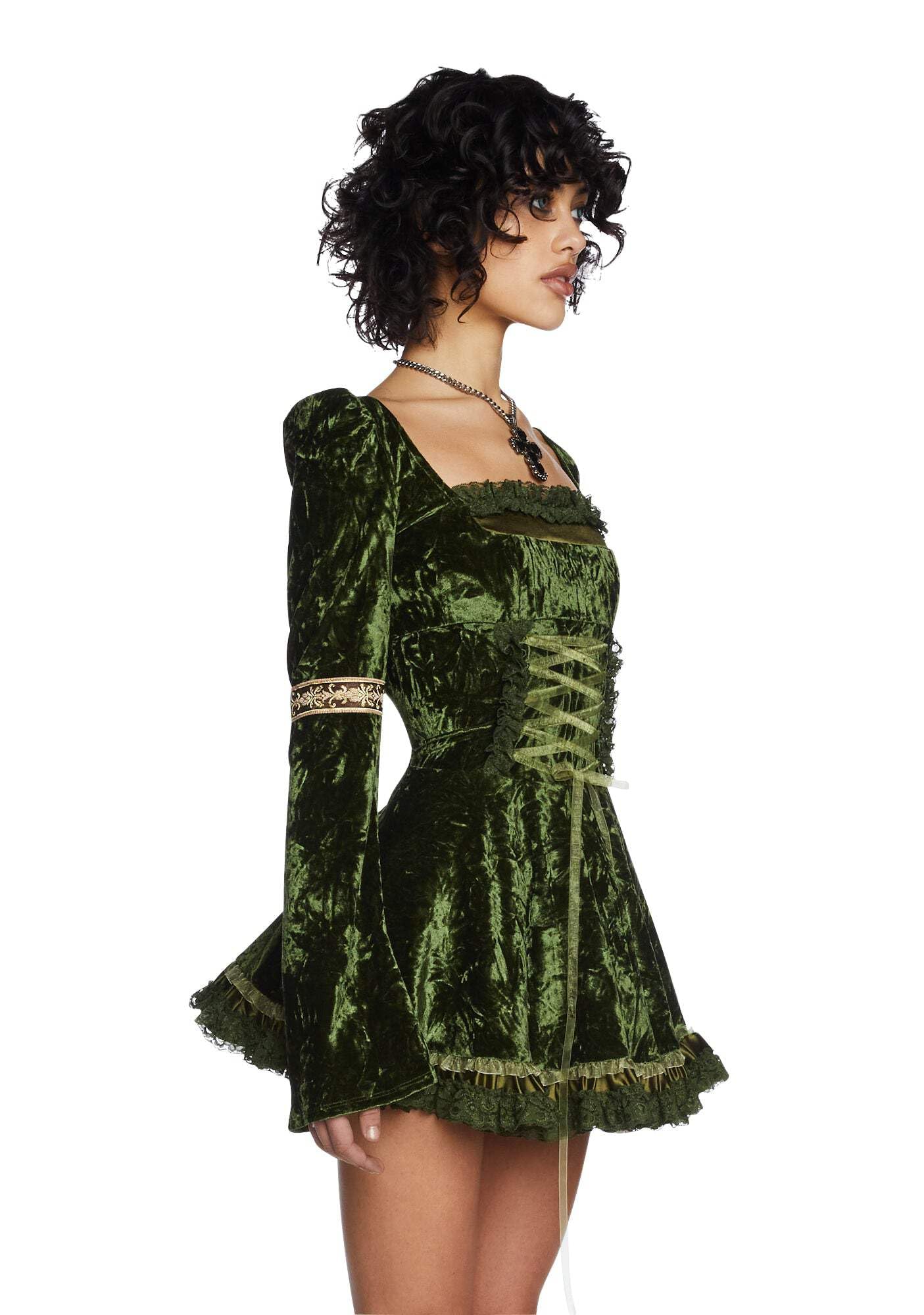 Dolls Kill Myths N' Legends Mini Dress by Current Mood – Green Velour Dress with Lace-Up Front & Puff Sleeves: X-Small Green