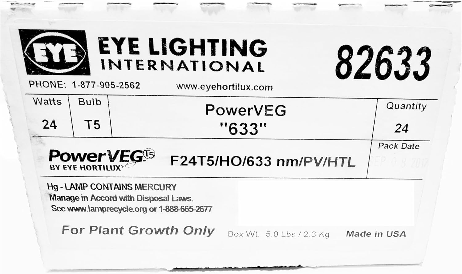 Hortilux Eye PowerVEG 633 2 ft 24W HO T5 Fluorescent Grow Lights - Red Spectrum for Vertical Plant Growth and Flowering Preparation (Pack of 24)