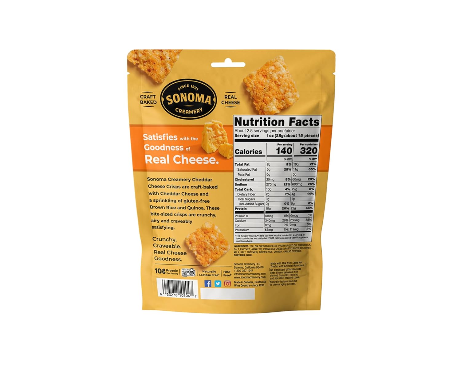 Sonoma Creamery - Cheese Crisps, Cheddar,Savory Snack | High Protein | Low Carb | Gluten Free | Keto-Friendly, 2.25 Oz (Pack of 6)