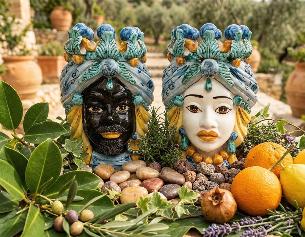 Grand vase en céramique sicilienne et têtes de moro de Caltagirone 30cm