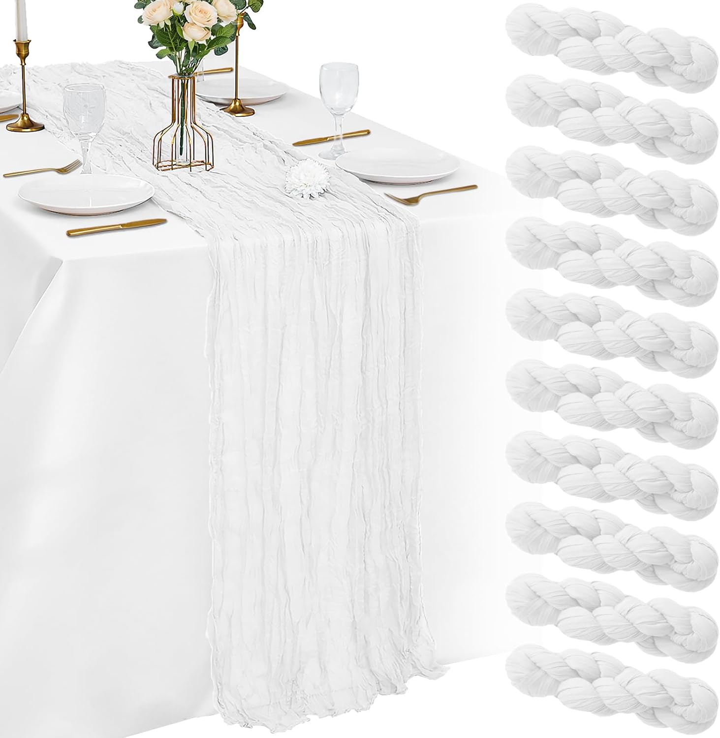 10 Pack White Cheesecloth Table Runner 21x120 Inches Boho Gauze Table Runners, Rustic Semi Sheer Cheese Cloth Fabric for Easter Spring Wedding Party Baby Shower, Long Vintage Table Runner for Dining