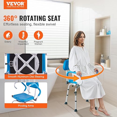 Miniatura 2 de VEVOR Silla de ducha giratoria de 360 grados, asiento de ducha ajustable con brazos giratorios y asiento de baño acolchado para ducha o bañera