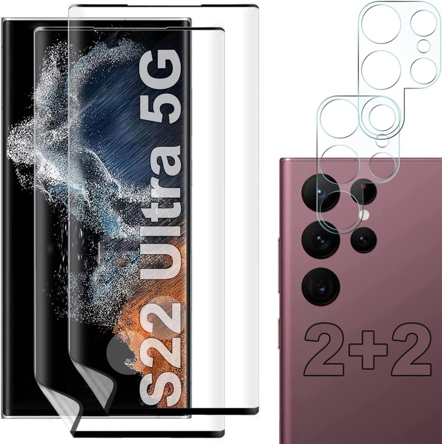 Zurligi Samsung Galaxy S22 Ultra Screen Protector, [2+2 Pack] Flexible TPU Screen Protector + Tempered Glass Camera Lens Protector