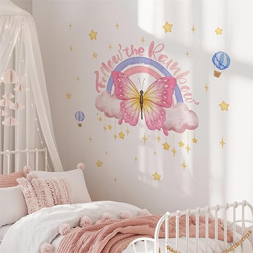 Miniatura 2 de Adhesivos de pared de mariposa rosa, arco iris, nube, estrellas, sacinora Dream Butterfly DIY Art Wall Decals removible de vinilo para despegar y