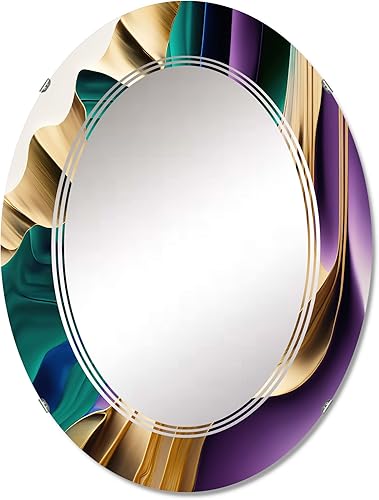 DesignQ Purple, Green and Gold Bold Strokes III- Vanity Mirror, Bathroom Mirrors, Wall Mirrors for Living Room, Bedroom - Oval Mirror - Large