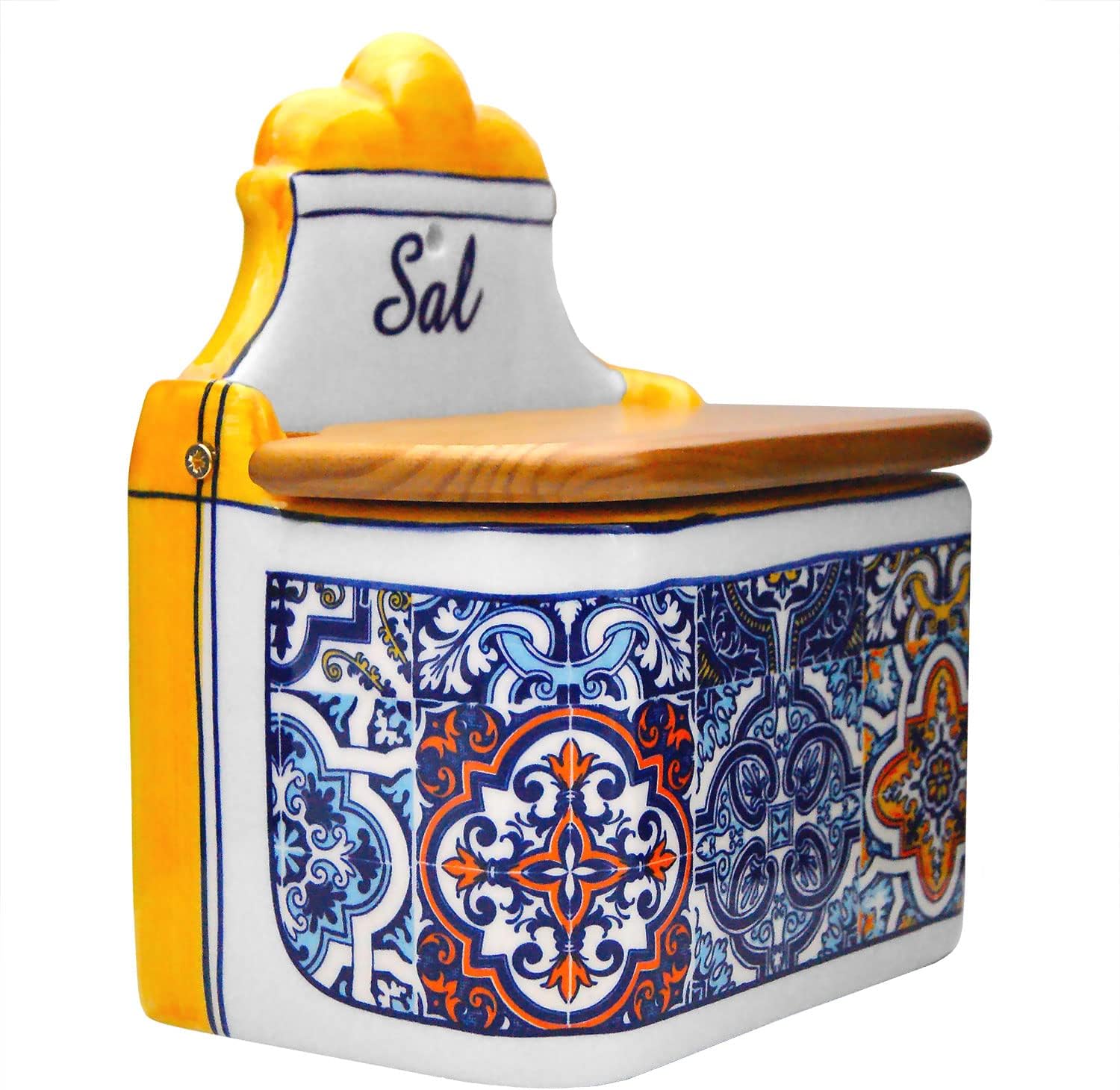 Portuguese Pottery Alcobaça Ceramic Decorative Salt Cellar with Lid for Kitchen (Yellow), 6inch x 4inch x 6.5inch h (L x W x H) (063)