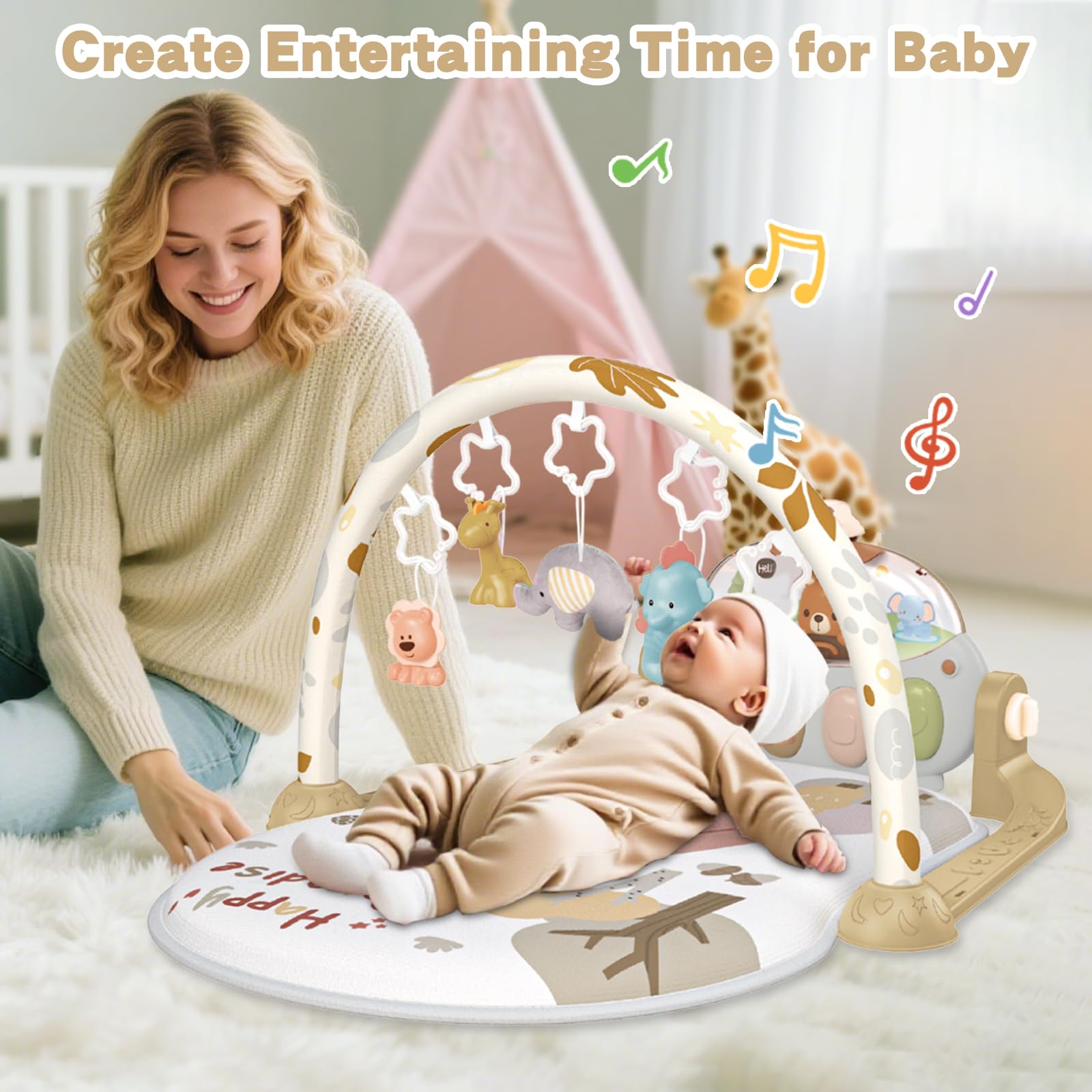 Gimnasio Bebé Montessori 0-6 Meses, Manta Juegos Bebe con Musical de Piano Ajustable y Sonajero, Tapete de Actividades para Caminar, Juguetes Alfombra Sensorial Bebé 6-12 Meses (Marrón)