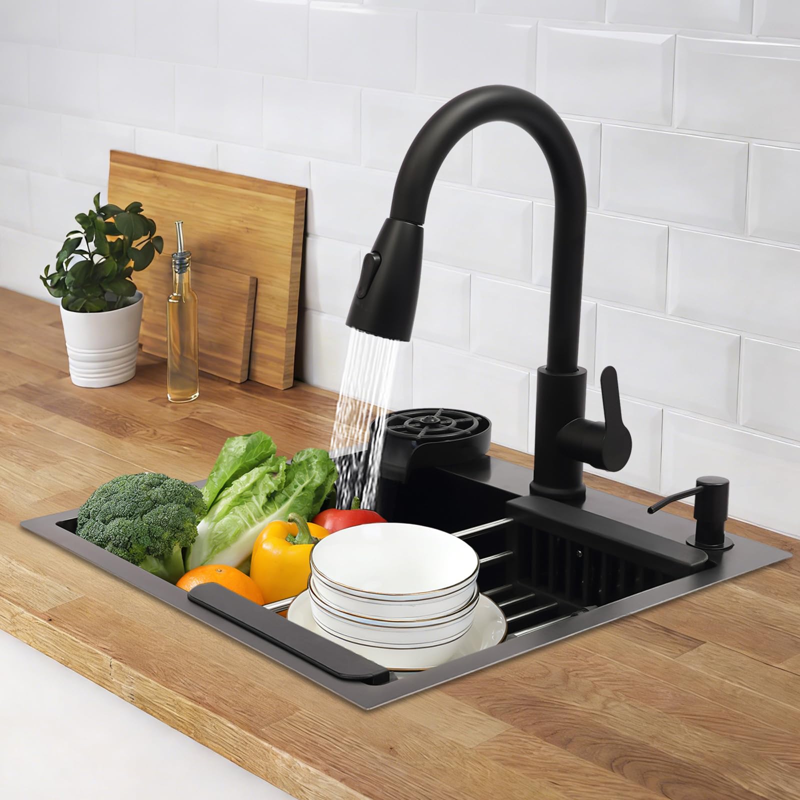 Fregadero de cocina de acero inoxidable 201, 50 x 45 cm, color negro, 1 lavabo, moderno, con grifo extensible, tubo de drenaje, dispensador de jabón, escurridor para cocina, gastronomía