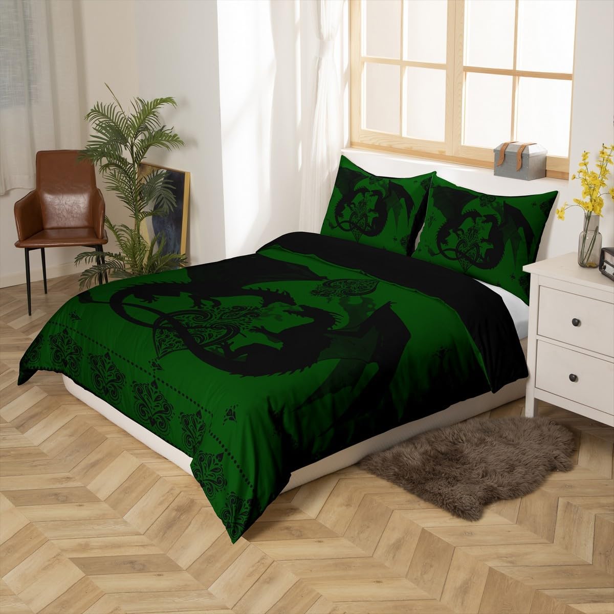 jejeloiu Dragon Damask Bedding Set Toddler Size Kids, Medieval Fantasy Dragon Comforter Cover Set for Boys Girls, Ancient Wildlife Vintage Green Duvet Cover Bedspread Cover Quilt Cover,No Stuffing