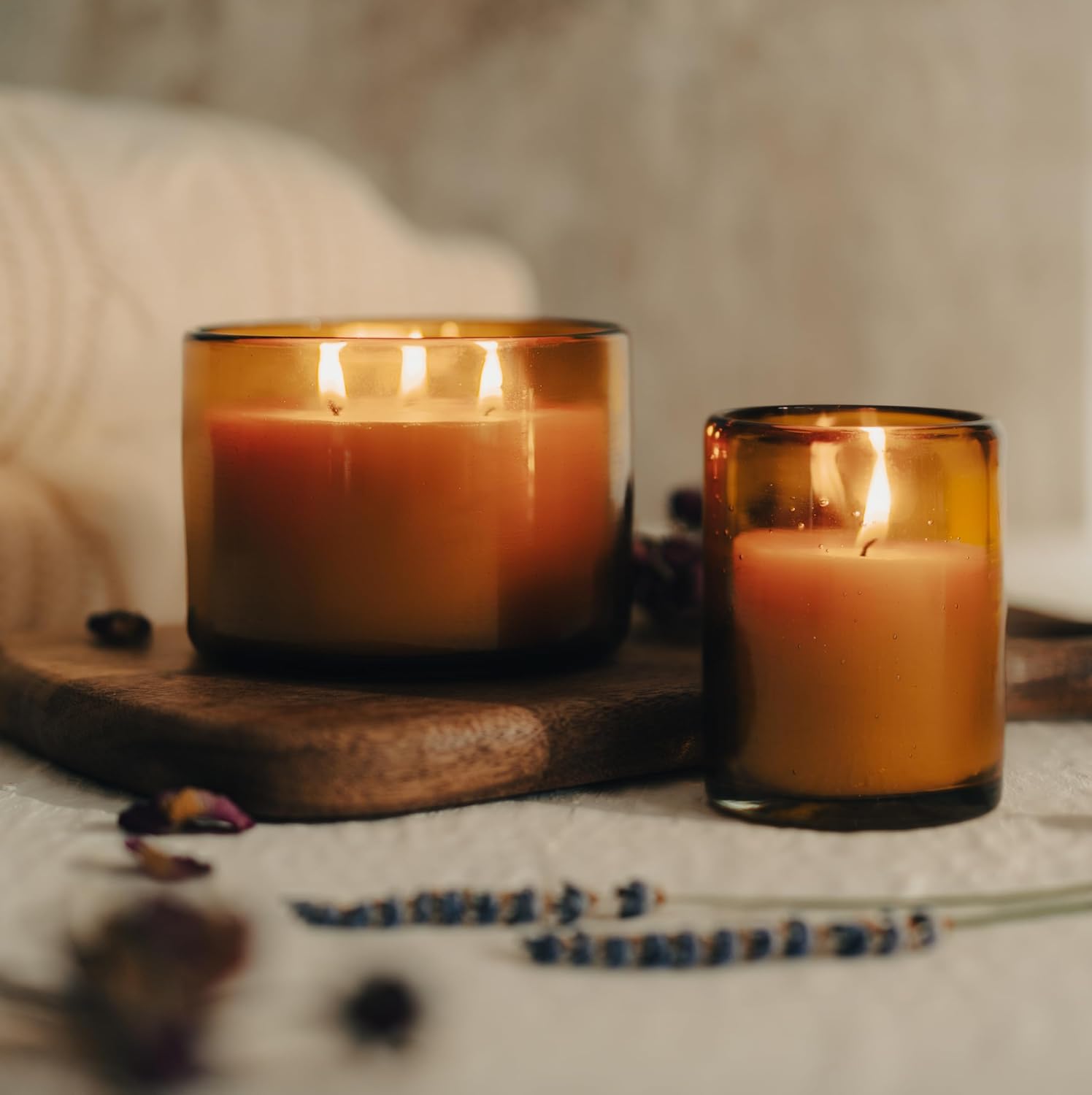 Bluecorn Beeswax Candle in Blown Glass Holder, 100% Pure Beeswax & Lavender Essential Oil, Amber Glass, Soy Free, Clean Burning Candle Wax, Long Lasting, Home Decor, American Made, 8 Oz, 1 Count