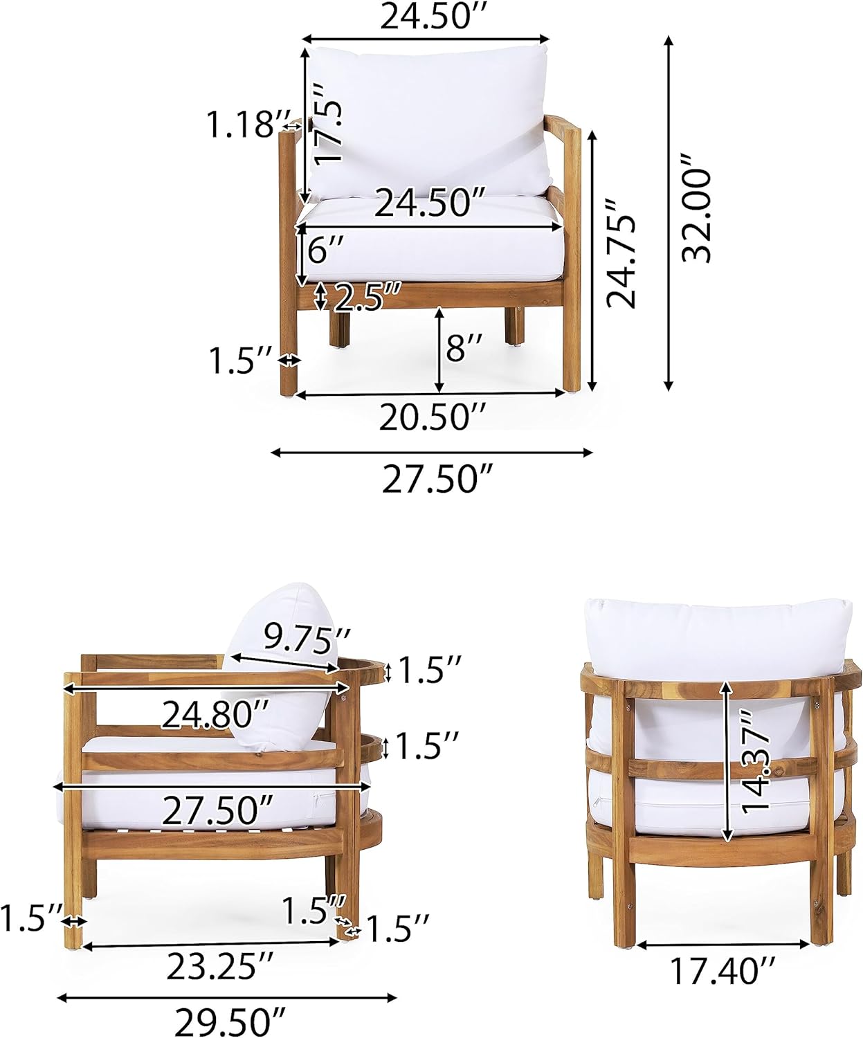 Acacia Wood Outdoor Club Chair with Cushions White Transitional Fabric Arm Chairs Removable