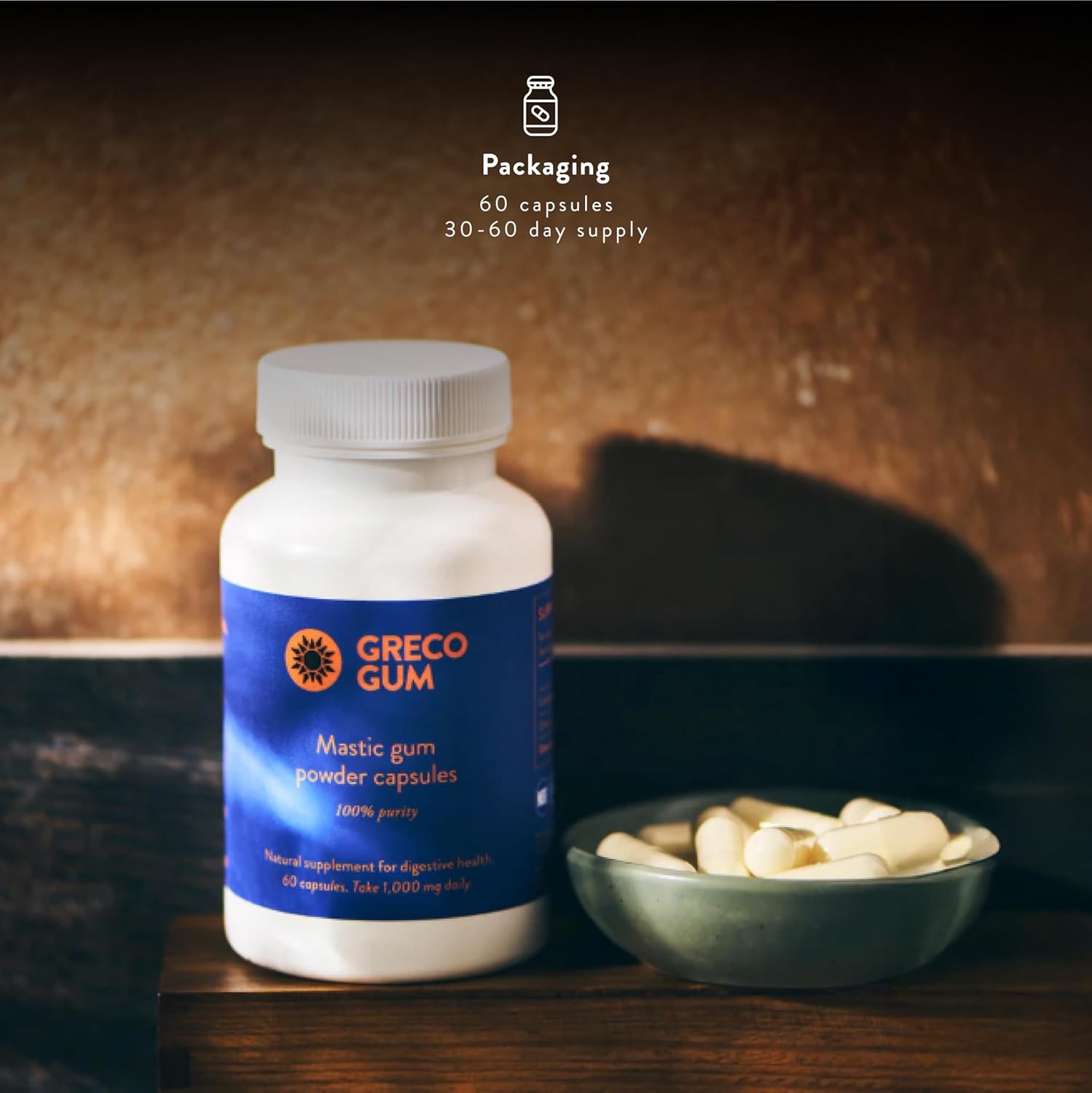 Mastic Gum Capsules 500 mg – Greek Chios Mastiha Supplement for Gut Health, Digestive Support and Bloating Relief – Pure Mastic Gum Powder – Vegan, Gluten-Free, No Fillers – 60 Count