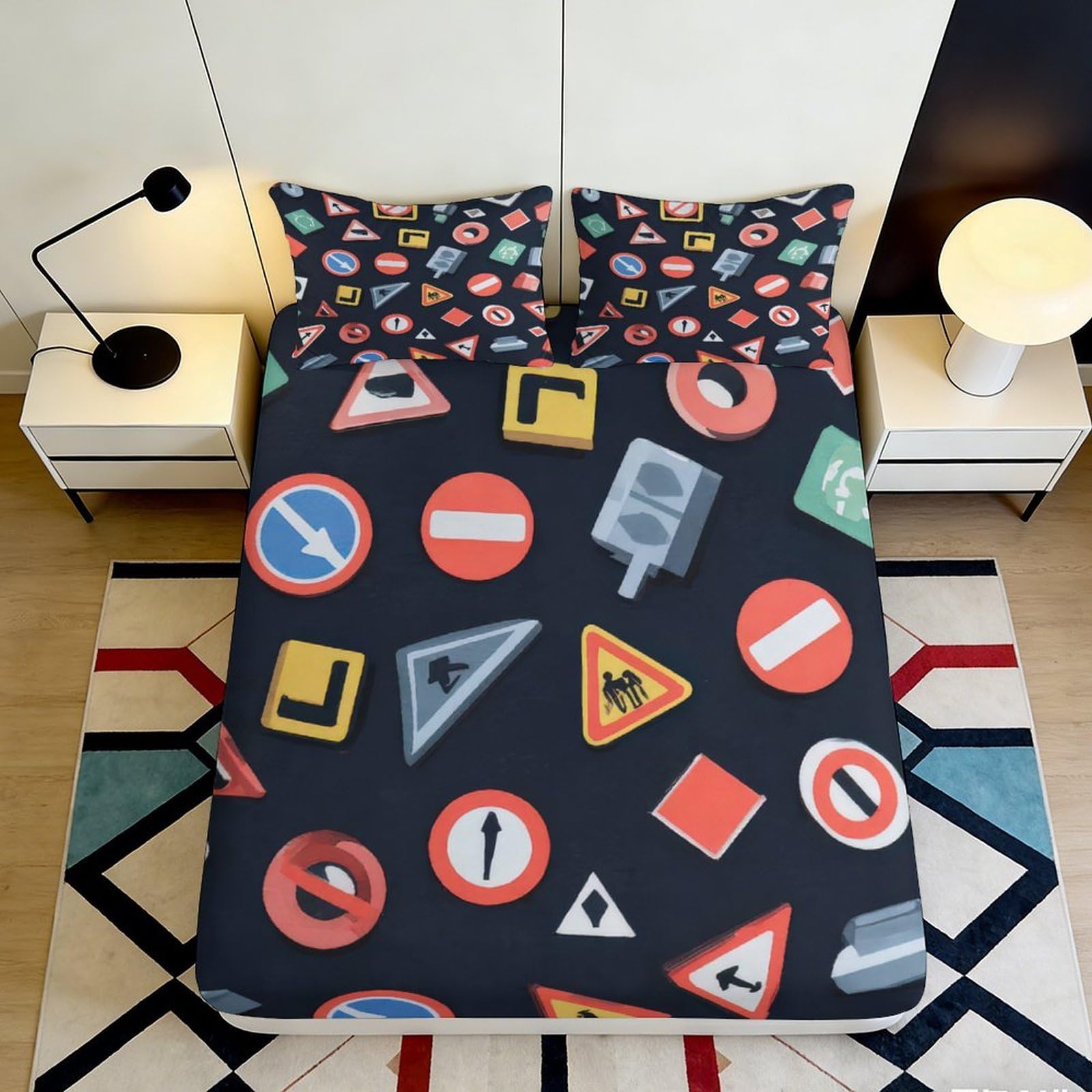 3D Printed Traffic Sign Fitted Sheet Microfiber Anti-Slip Road Symbol Bed Cover for Bedroom Guest Room Decor Easy Care 90x200x25cm