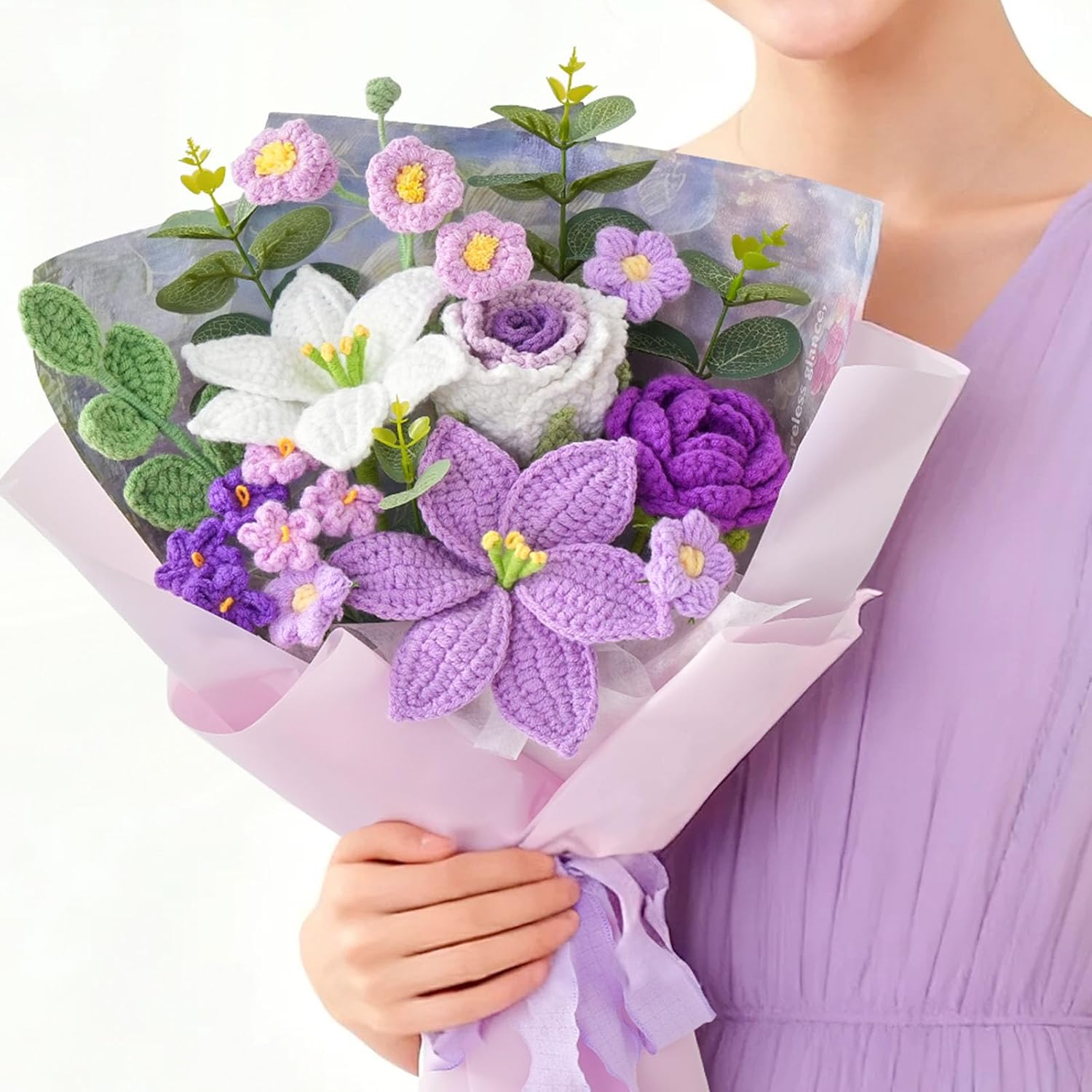 Serwalin Crochet Flower Bouquet, Purple Handmade Knitted Flowers, Liliy Roses Crochet Flowers for Lover Teacher Anniversary Birthday Mother's Day Graduation Gifts for Her,Girlfriend,Wife(Include Card)
