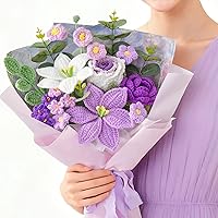 Serwalin Purple Crochet Flower Bouquet - Handmade Lily Roses Knitted Flowers for Weddings, Birthdays, Mother's Day Gifts with Card